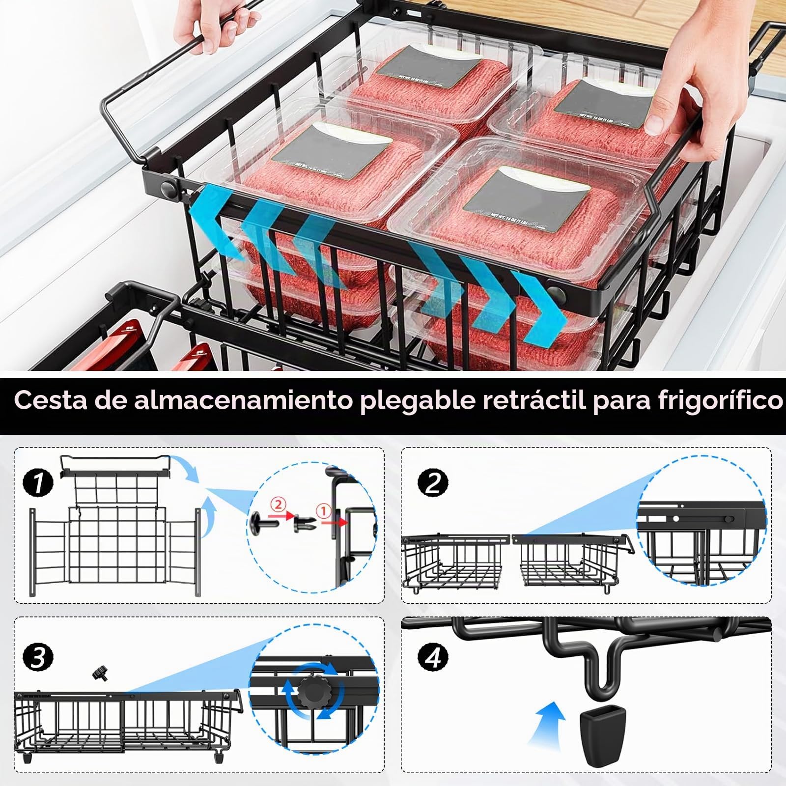 2 cestas de congelador expandibles, cestas apilables para congeladores 140L-570L, congeladores organizador con asas de clasificación fácil y obtener alimentos congelados, permitir la circulación del