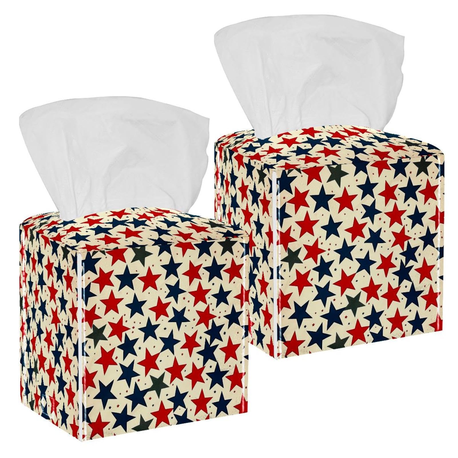 Retro American Stars Tissue Box Cover, 2 Pack PU Leather Square Facial Tissue Dispenser Box holder for Home Office Car