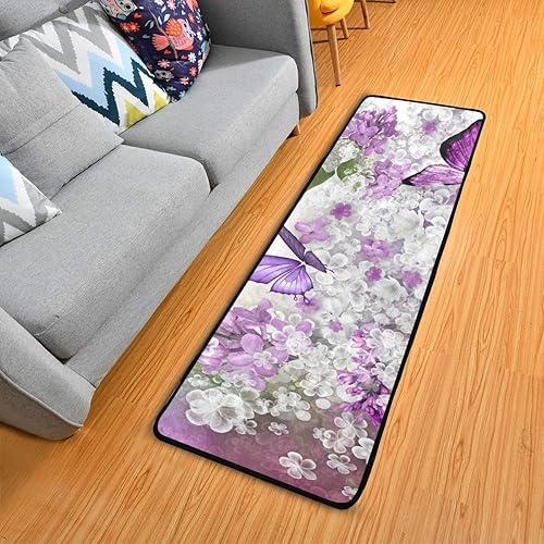 Alfombras de cocina moradas con mariposas y flores, antideslizantes, suaves, alfombra de baño, alfombra de pasillo para el hogar, comedor, sala de