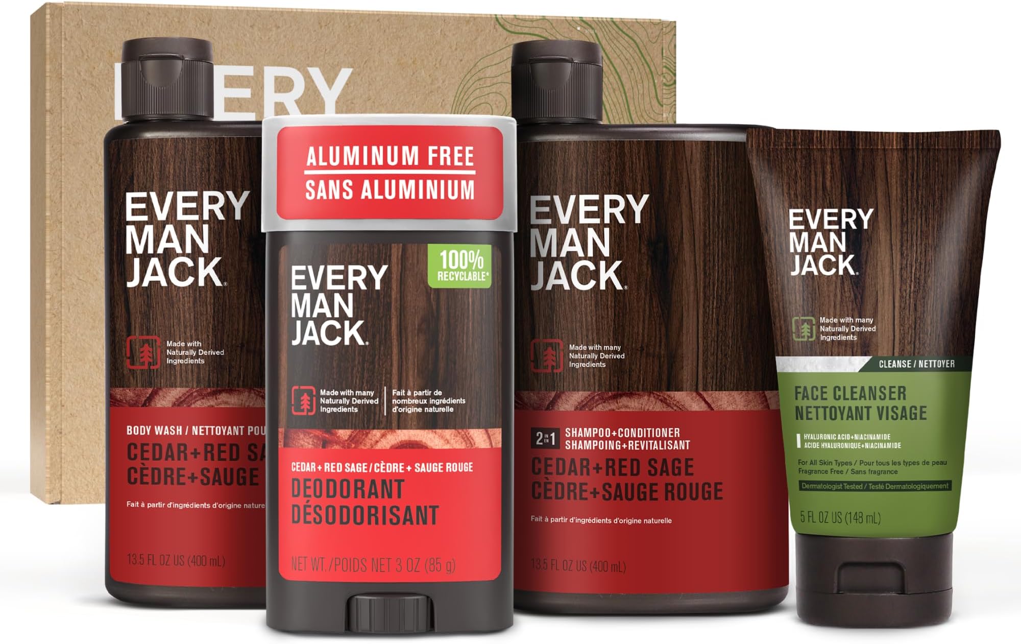 Every Man Jack Men's Bath and Body Gift Set - Cedar & Red Sage Scent - Clean Ingredients - Includes Hydrating Body Wash, 2-in-1 Shampoo, Aluminum-free Deodorant & Face Wash