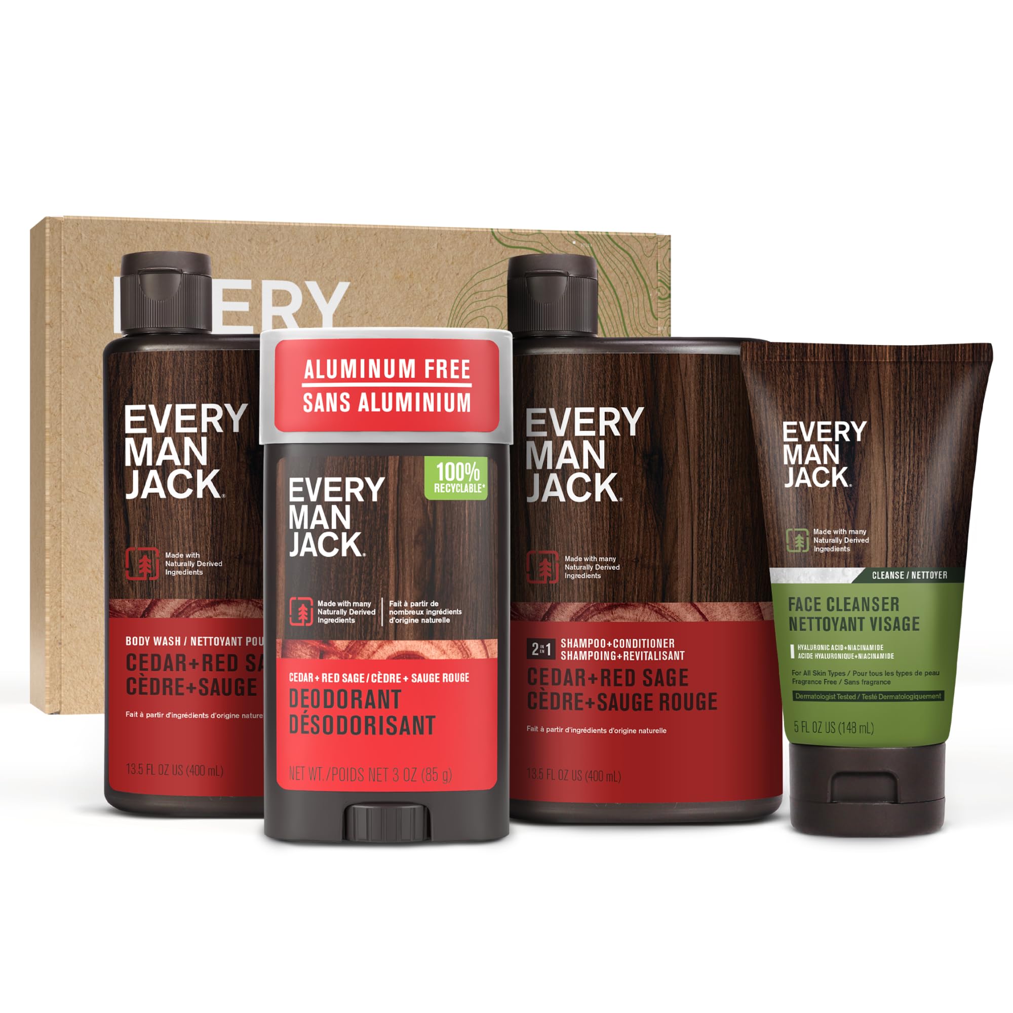 Every Man Jack Men’s Cedar + Red Sage Bath and Body Gift Set - Clean Ingredients & A Cedar, Sage, and Spice scent - Round Out His Routine with Men’s Body Wash, 2-in-1 Shampoo, Deodorant & Face Wash