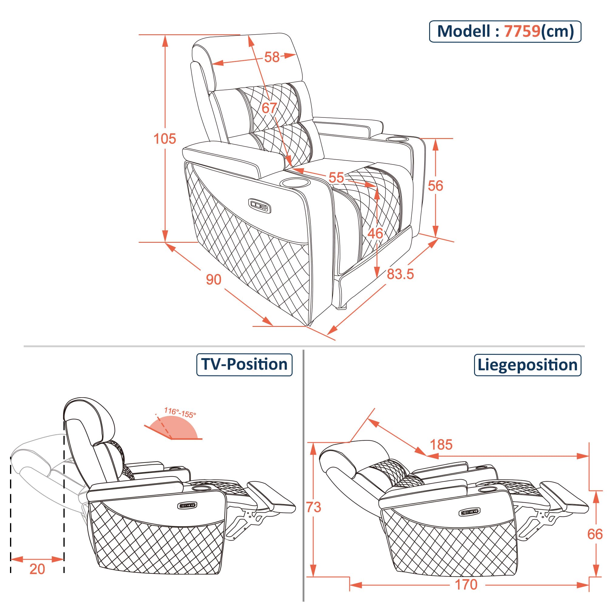 M MCombo sillón de televisión eléctrico Ajustable, sillón de Gravedad Cero con Almacenamiento en los reposabrazos & LED, reposacabezas Ajustable, cojín de Espuma 35D 7759 (Negro)(1 Plaza)