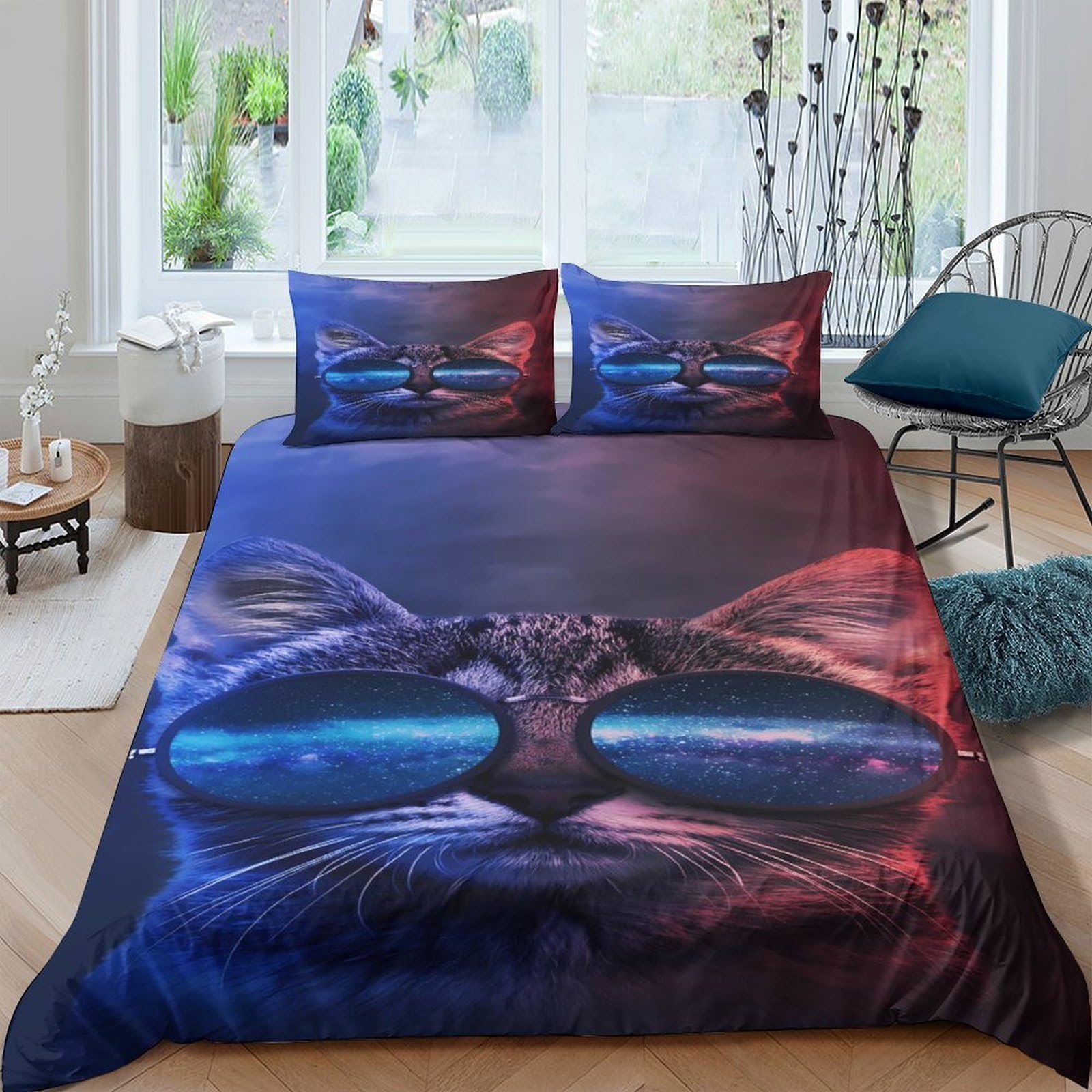 Ctjqhvkz Style-1 3D Printed Cool Cat Sunglasses Fitted Sheet Microfiber Soft Decor Artistic Blue Red Bed Cover For Bedroom Guest Room Single（135X200cm）