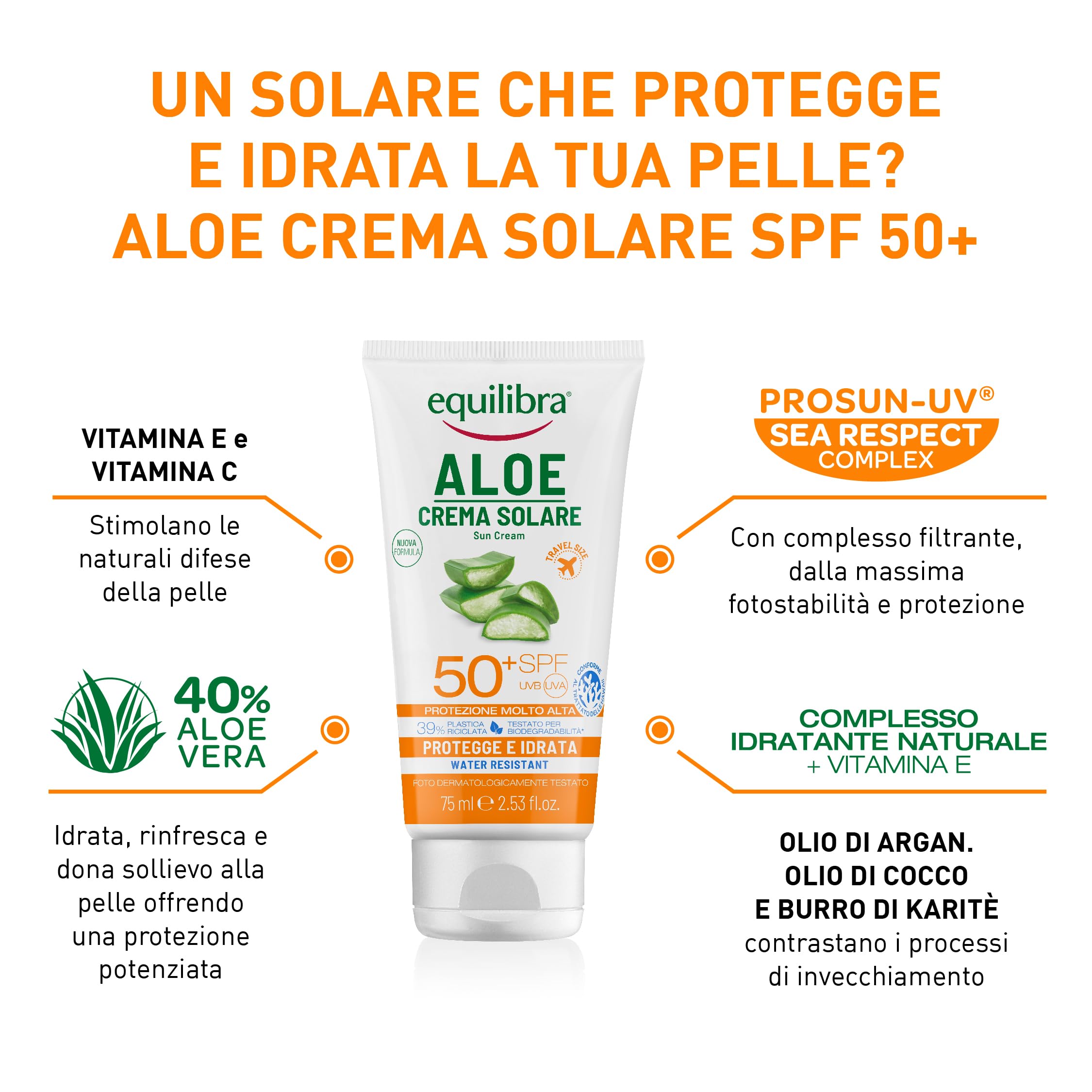 equilibra Solari, Aloe Crema Solare SPF 50+ Travel Size, con Aloe Vera, Vitamina C ed E, Olio di Argan, Olio di Cocco e Burro di Karité, Per un'Abbronzatura Sana e Naturale, Water Resistant, 75ml