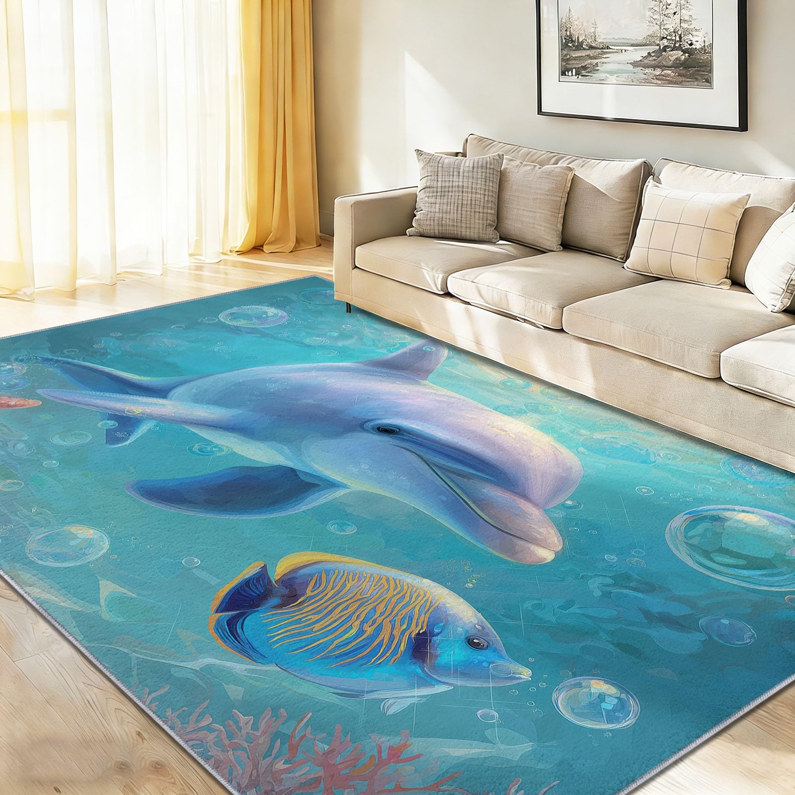 Tapis facile a nettoyer dauphin bleu 120x180 cm tapis salon antiderapant