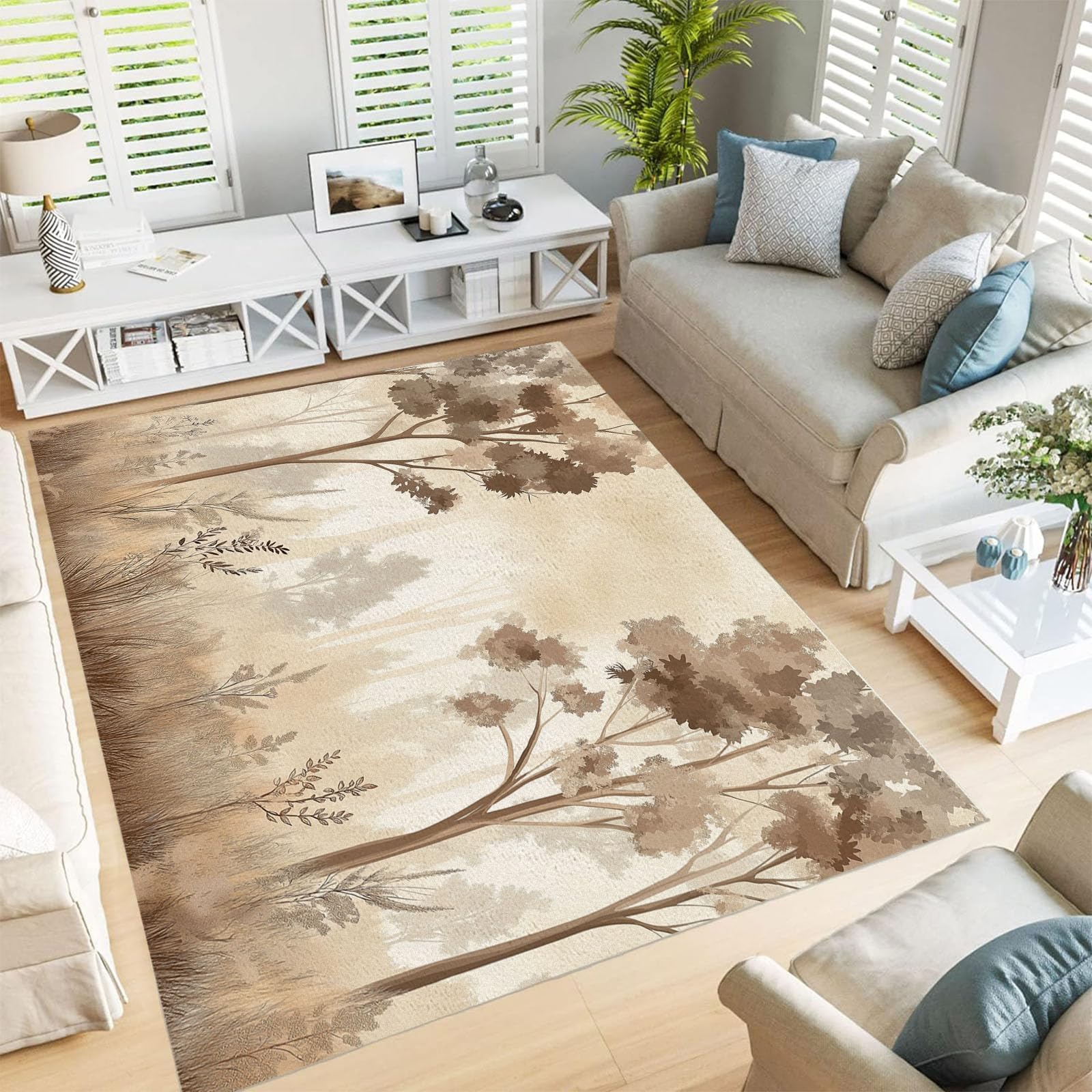 Tapis salon lavable 240x300cm au motif de forêt aquarelle