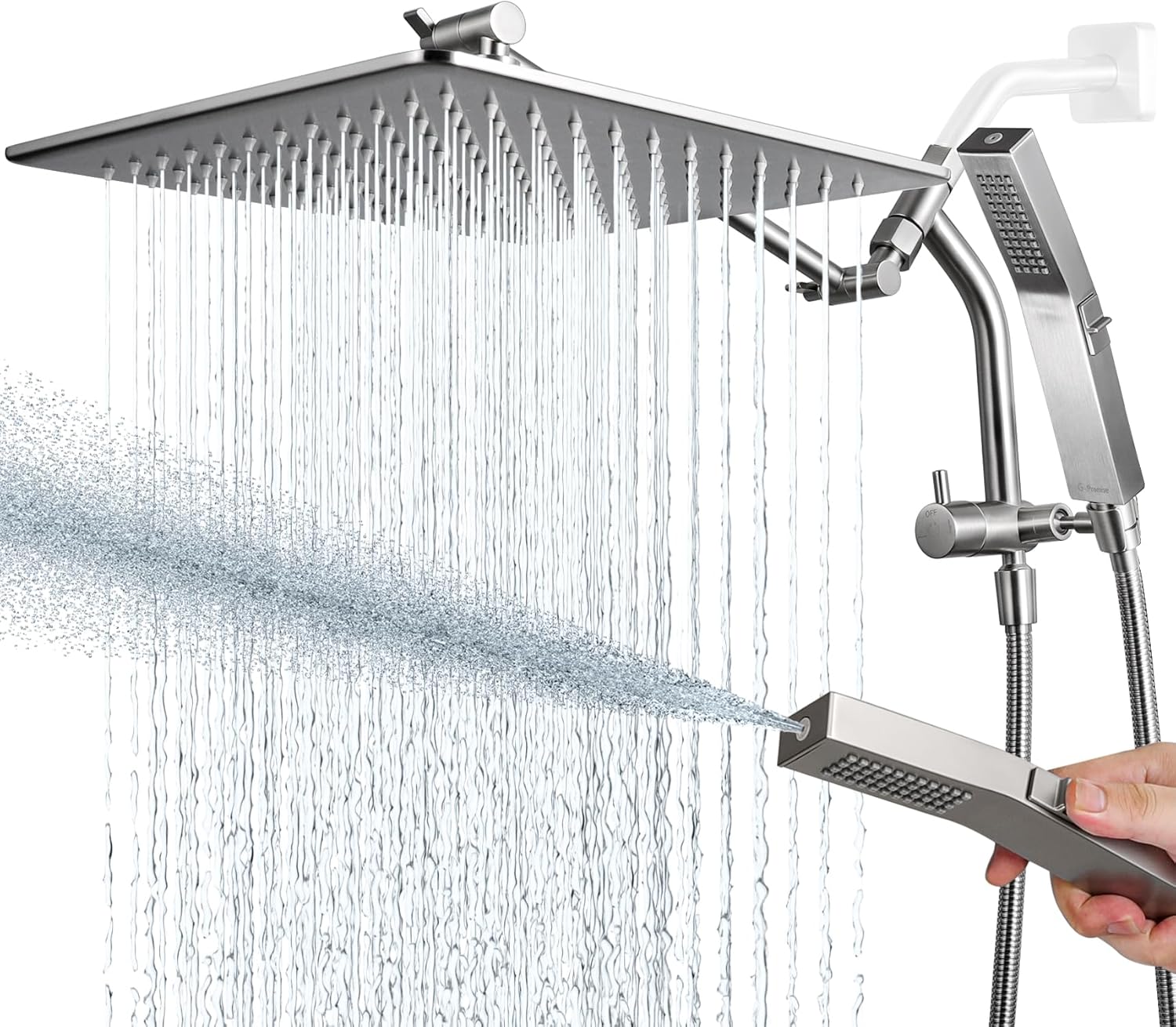 G-Promise All Metal 12'' Rain Shower Head with Handheld Built-in Power Wash Mode 3-way Diverter with Pause Setting 11'' Adjustable Extension Arm with Lock Joint 65'' Stainless Steel Hose 12 Inches Brushed Nickel