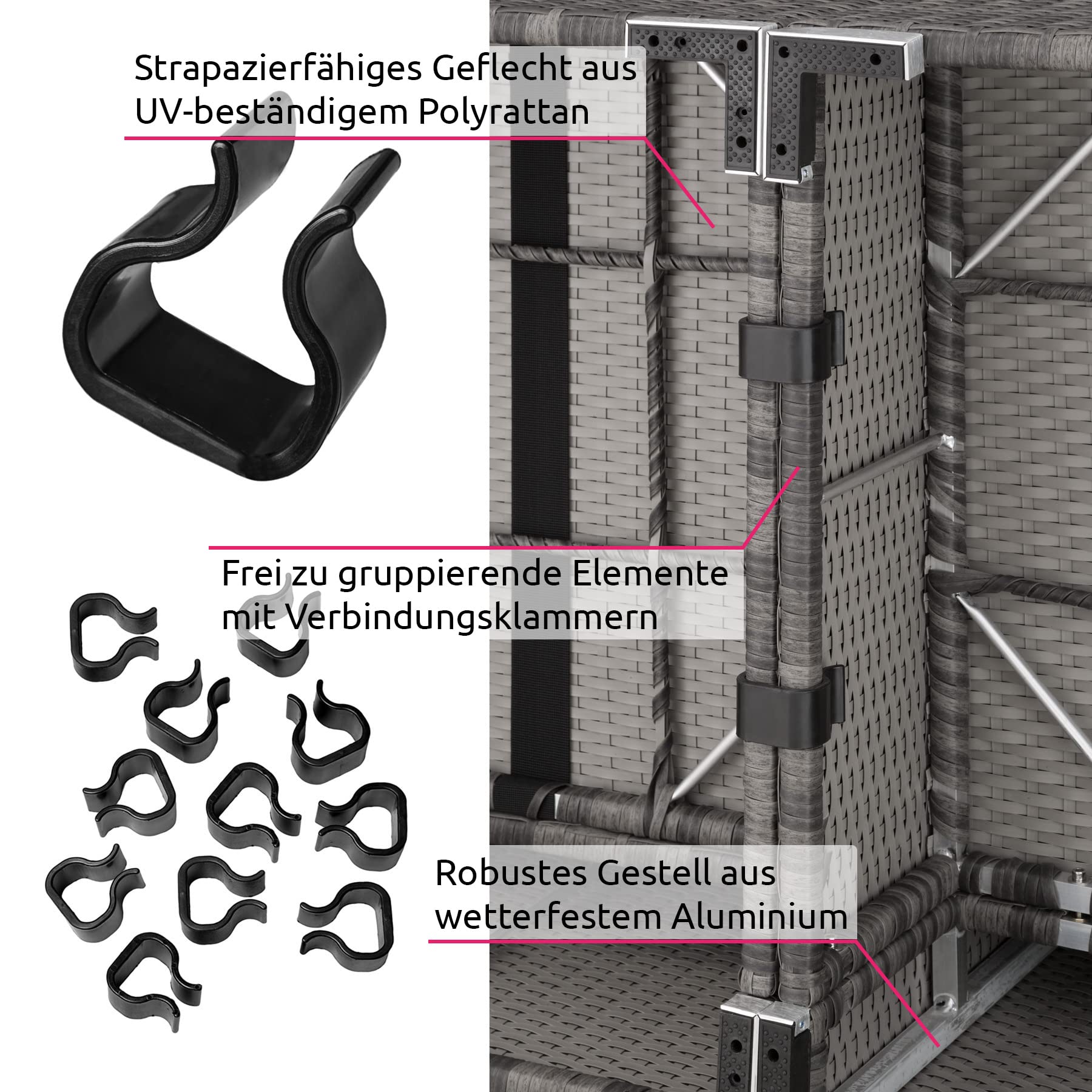 tectake® Conjunto Jardín en Ratán y Aluminio con Cojines de 10 cm, Conjunto Terraza Resistente a la Intemperie, Muebles Jardín Exterior 3 Sillones, 1 Puf, 1 Mesa con Cristal, Fundas Extraíbles - Gris