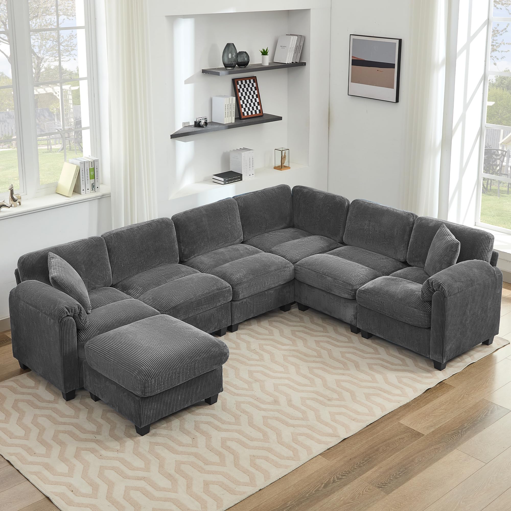 IPKIG 113.3'' U-Shaped Sectional Sofa with Ottoman, Corduroy Modern Modular Cloud Couches for Living Room with 2 Throw Pillows and Deep Seat, Center Stitched Design (Grey, 7 Seater Sofa)(incomplete only the corner and one seater)