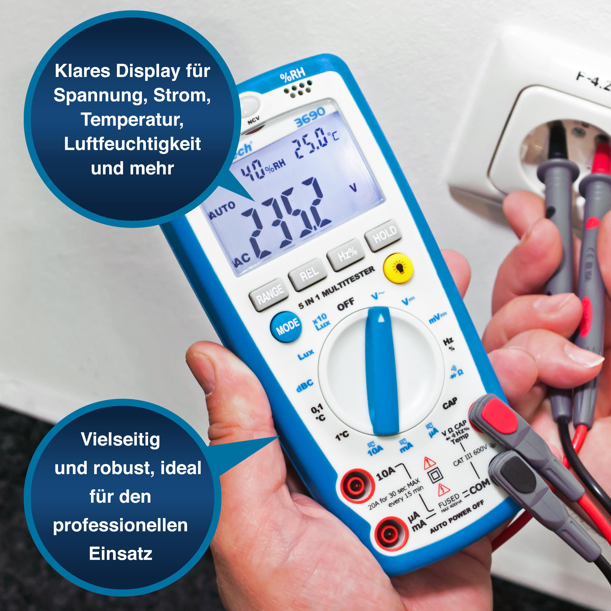 PeakTech P 3690 – Digitales 5-in-1 Messgerät – Multimeter, Schallpegelmessgerät, Luftfeuchtigkeitsmessgerät, Thermometer, Durchgangsprüfer in einem – Strommessgerät mit 4000 Counts 600V