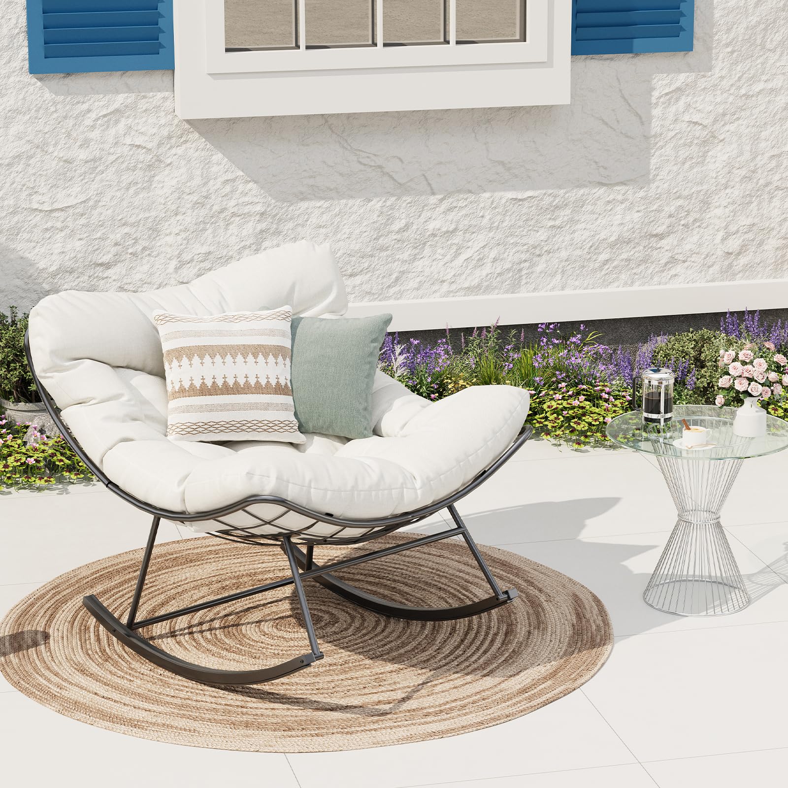 GarveeHome Mecedora de Gran tamaño, con cojín Grueso y Marco de Metal, sillón Relax para Piscina, jardín y Patio Trasero, Capacidad de Carga