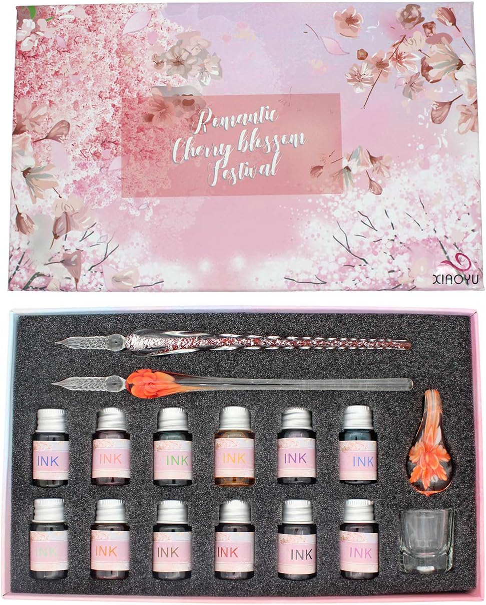 XIAOYU Glass Dip Pen Ink Set, 16 Pieces Calligraphy Pens Set - 12 Colorful Inks, Pen Holder, Cleaning Cup, 2 Crystal Glass Pens for Writing, Signature - Orange