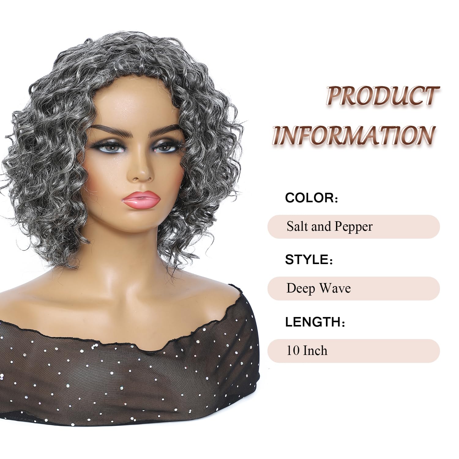 HUA Salt and Pepper Grey Wigs Human Hair for Black Women Glueless 10 Inch Deep Wave Grey Human Hair Wig for Older Women Gray Wigs for Mom Mixed Bob Wear and Go Glueless Gray Wig for Daily Use