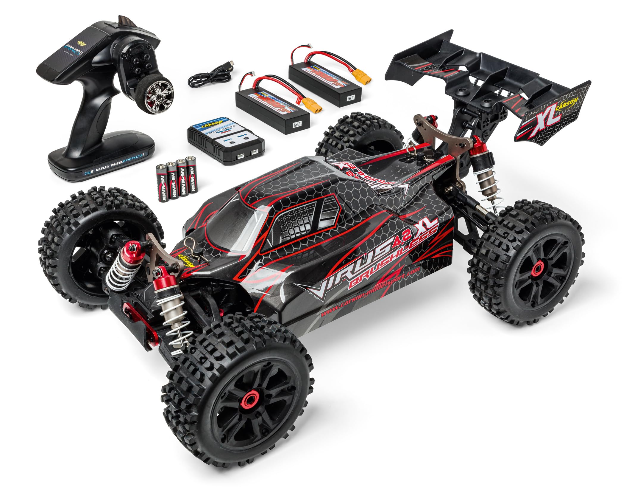 Carson 500409080 1:8 Virus 4.2 XL 100% RTR Negro/Rojo - Coche RC, Coche teledirigido, Velocidad hasta 80 km/h, Modelo 100% RTR, Mando a Distancia Incluido