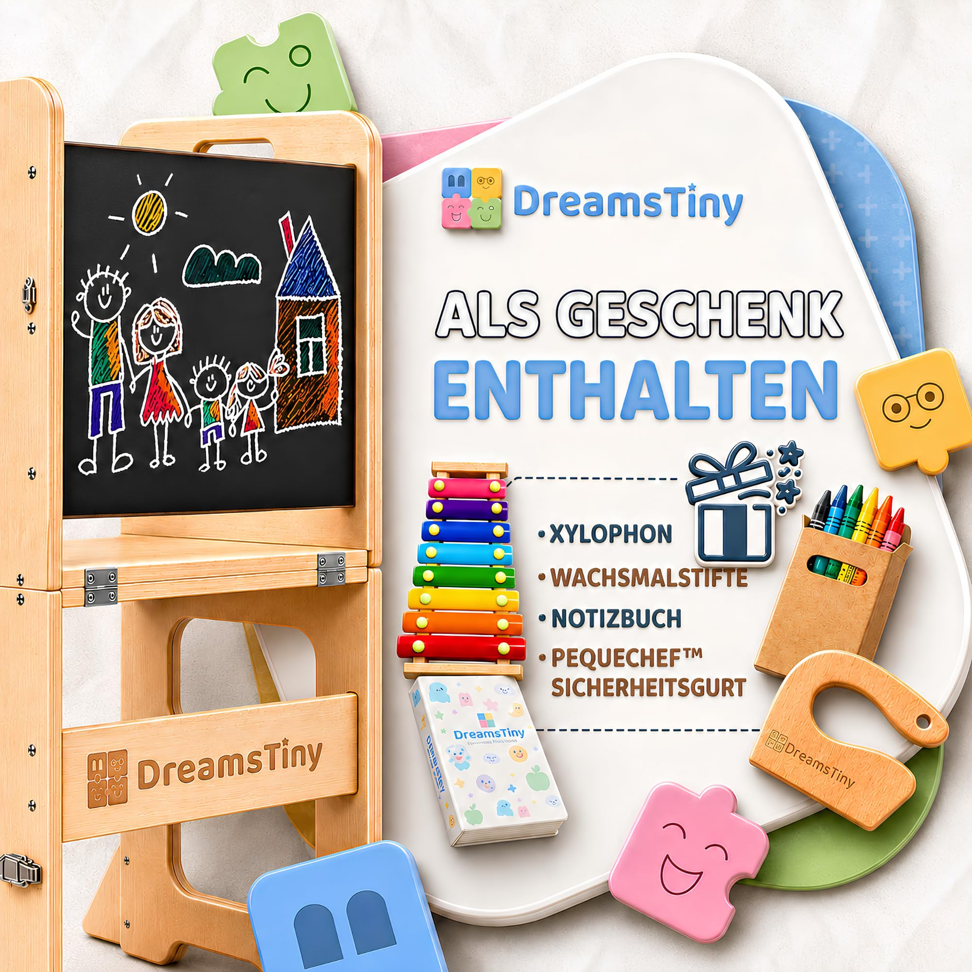 Lernturm ab 1 Jahr Klappbar 3-in-1, Lernturm mit Rausfallschutz | Inklusive Xylophon, Malbuch, Buntstiftbox, Schneidewerkzeug und Montageset, Lernturm Klappbar, Montessori Learning Tower