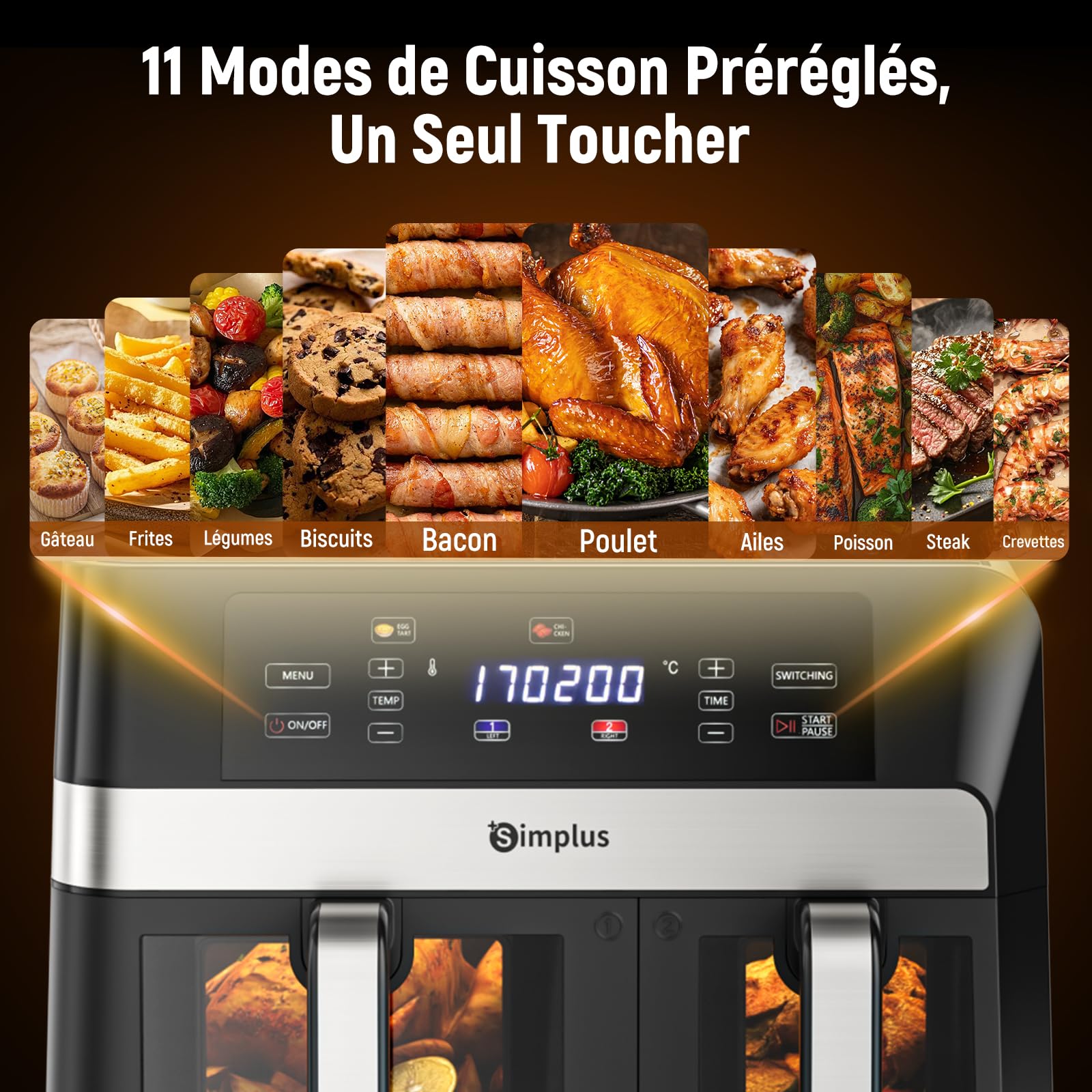 SIMPLUS Friteuse à Air Double Panier 10L, 1800W, Écran Tactile LCD, 11 Programmes, Fenêtre Visible, Four à Air Chaud avec Micro-Vapeur, Noir