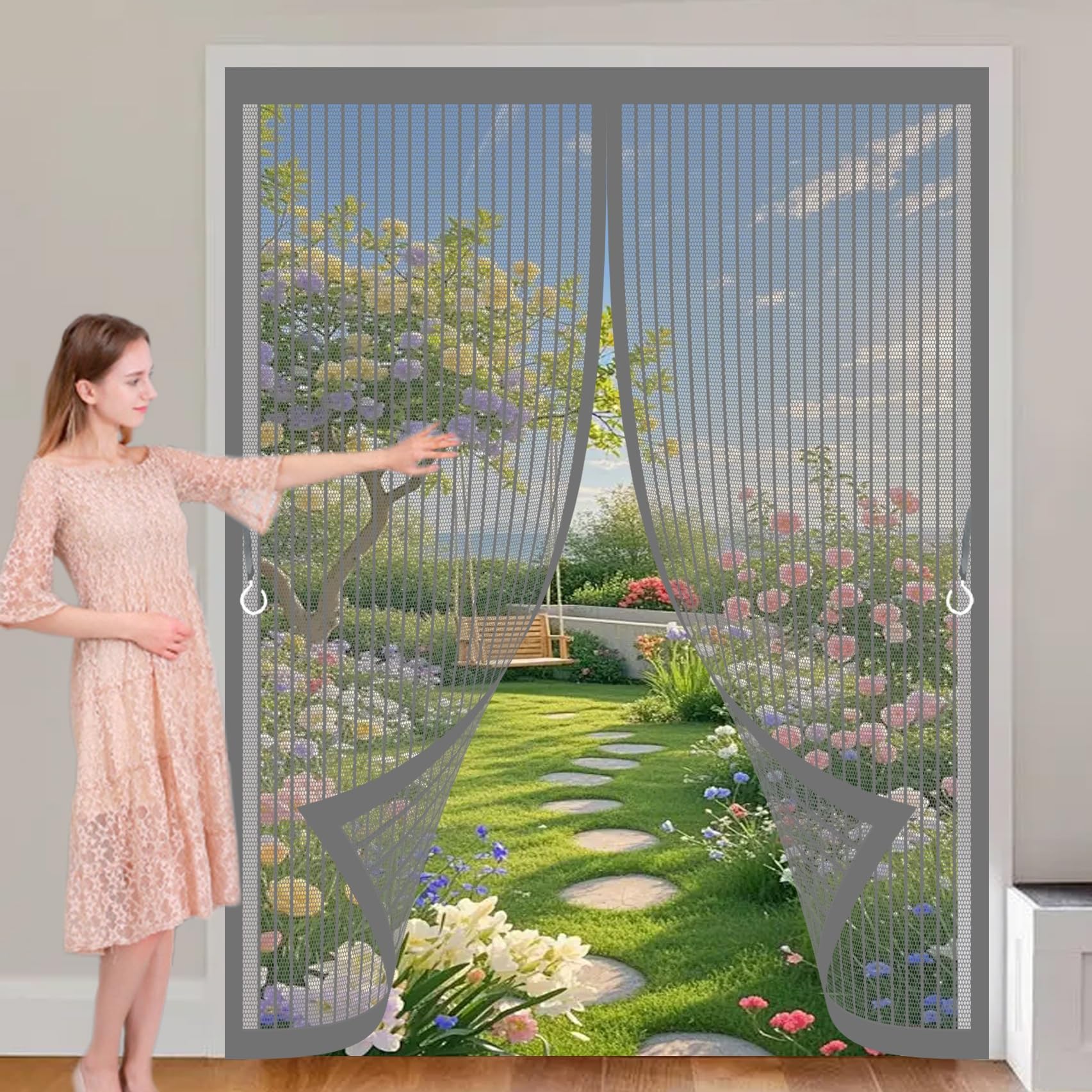 Xueqxue Grey Magnetic Screen Door 116 X 135 Cm With Powerful Magnets & Full Frame Magic Tape, Keep Bugs Out & Lets Fresh Air In Magnetic Fly Screen Curtain For Patio Doors Bedroom,