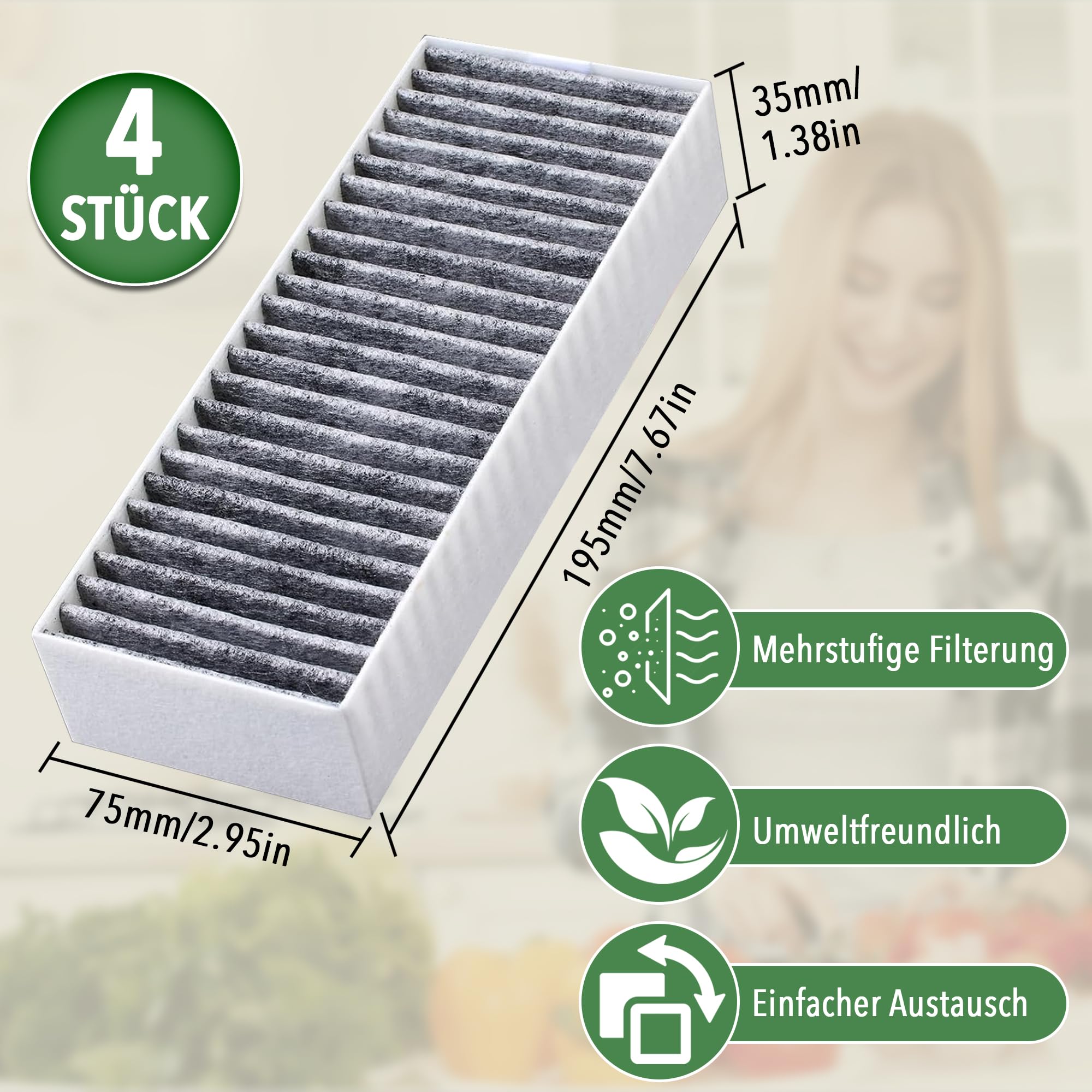 Aktivkohlefilter Set of 4 - Kompatibel mit 9001563858 9001421821 / Siemens HZ9VRCR0, Bosch HEZ9VRCR0, Neff Z821VR0, Constructa CZ9VRCR0, Gaggenau CA282111,195x75x35 mm
