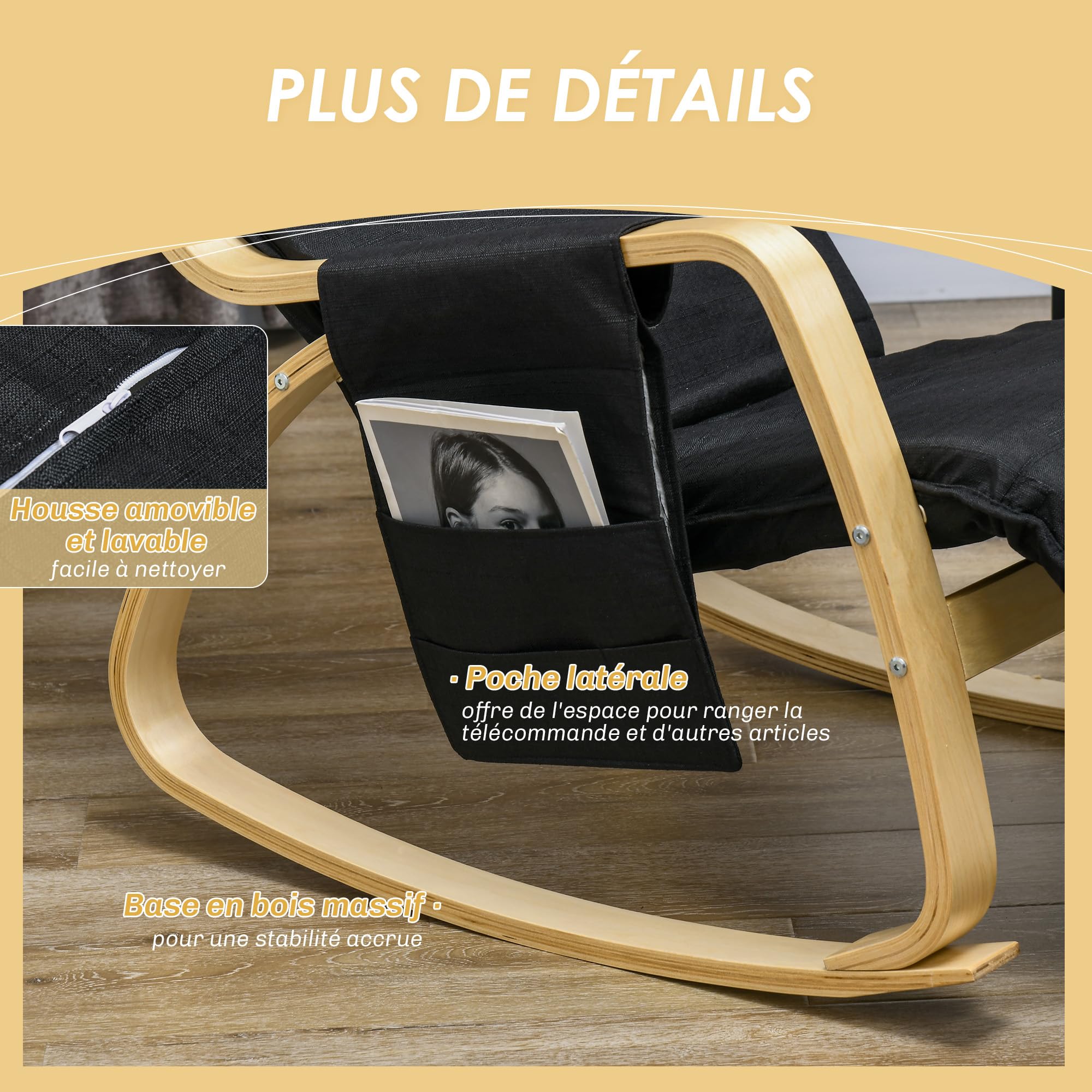 HOMCOM Fauteuil à Bascule Fauteuil Allaitement Relax Salon avec Repose-Pieds réglable, Poche latérale et Appui-tête, Rocking Chair pour Chambre, 67 x 110 x 91 cm Noir