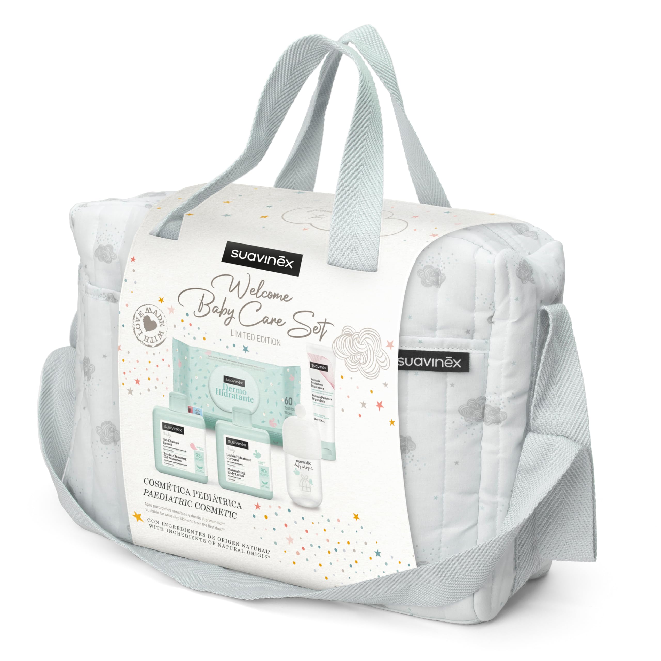 Suavinex, Bolso Carro Bebé con Cosmética: Gel Champú Syndet 300 ml + Loción Hidratante 300 ml + Pomada Pañal 50 ml + Baby Cologne 100 ml + Toallitas 60 Uds. Ideal Regalo de Recién Nacido, Azul - 4