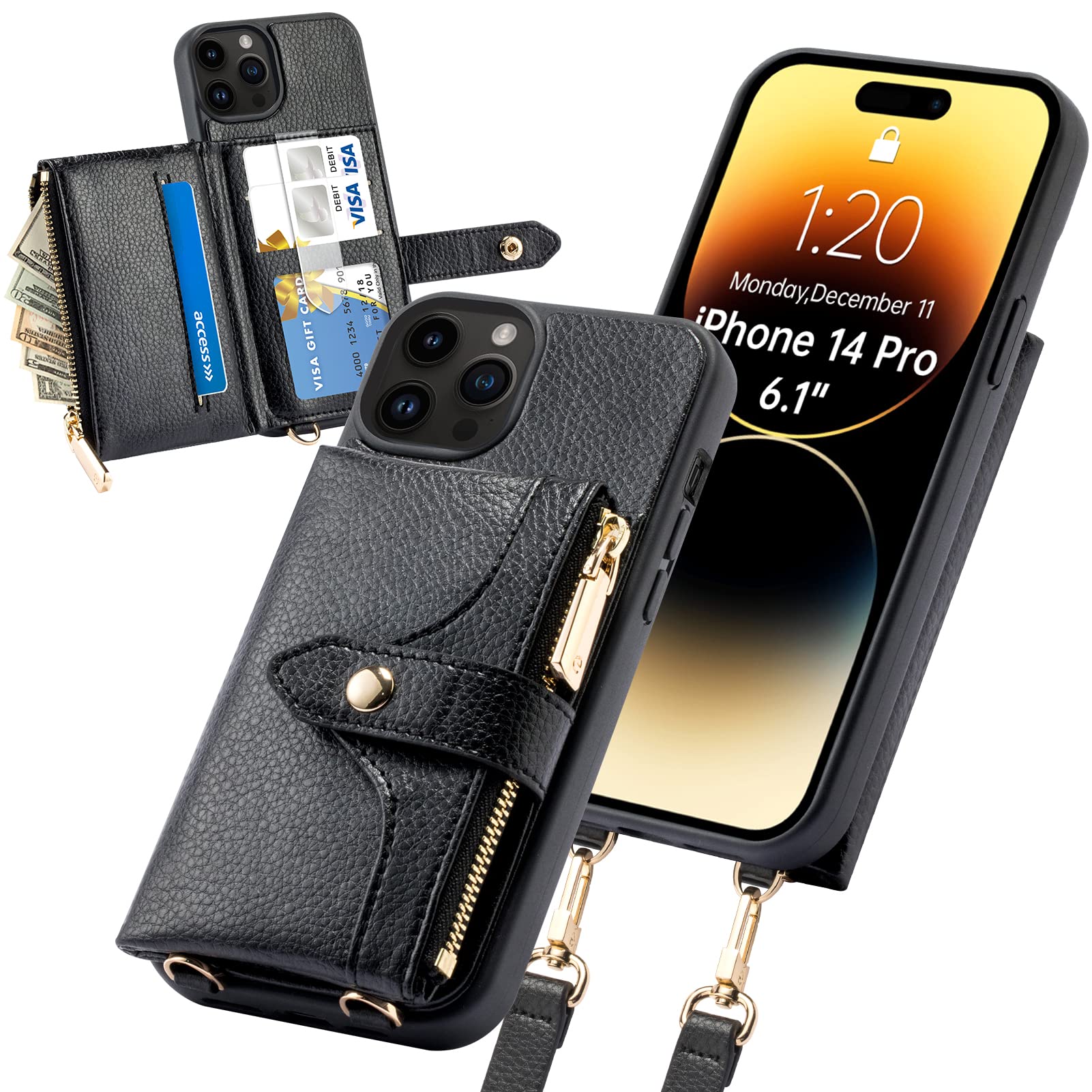 LAMEEKUCompatible with iPhone Pro Wallet Case, Leather Crossbody Phone Case  with Strap for Women, Full Protection RFID Blocking Case Wallet for iPhone