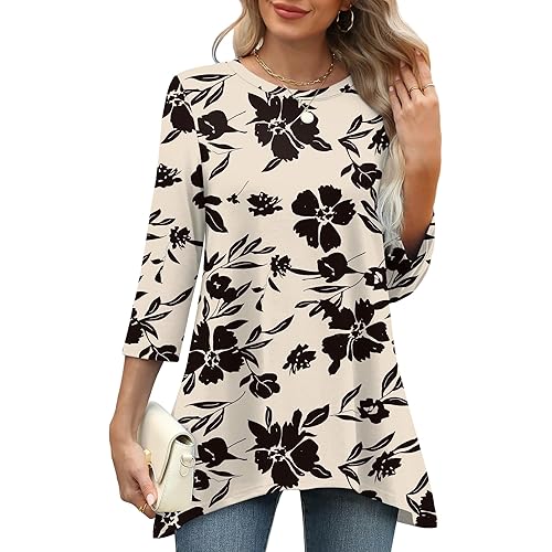 OFEEFAN Tunic Tops for Women Loose Fit Dressy 3/4 Length Sleeve Womens Tops with Asymmetrical Hem S-4XL
