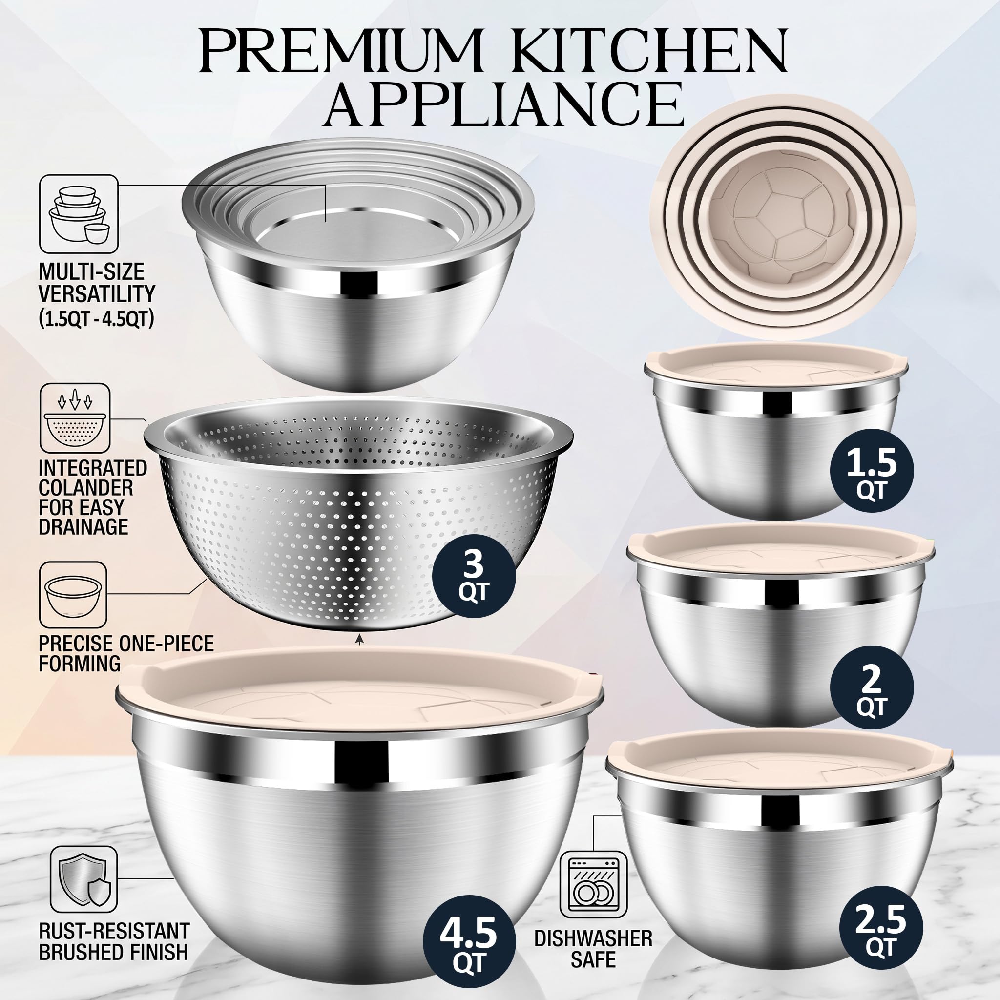 DUTZUN Juego de cuencos para mezclar con tapas, cuencos anidables de acero inoxidable con colador de 3.2 cuartos de galón, cuencos de cocina con colador, fondos antideslizantes, tamaño 4, 2.5, 2, 1.5