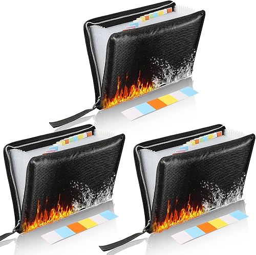 Paquete de 3 carpetas expandibles ignífugas impermeables organizador de documentos de papel importante con cierre de cremallera 13 bolsillos A4 L