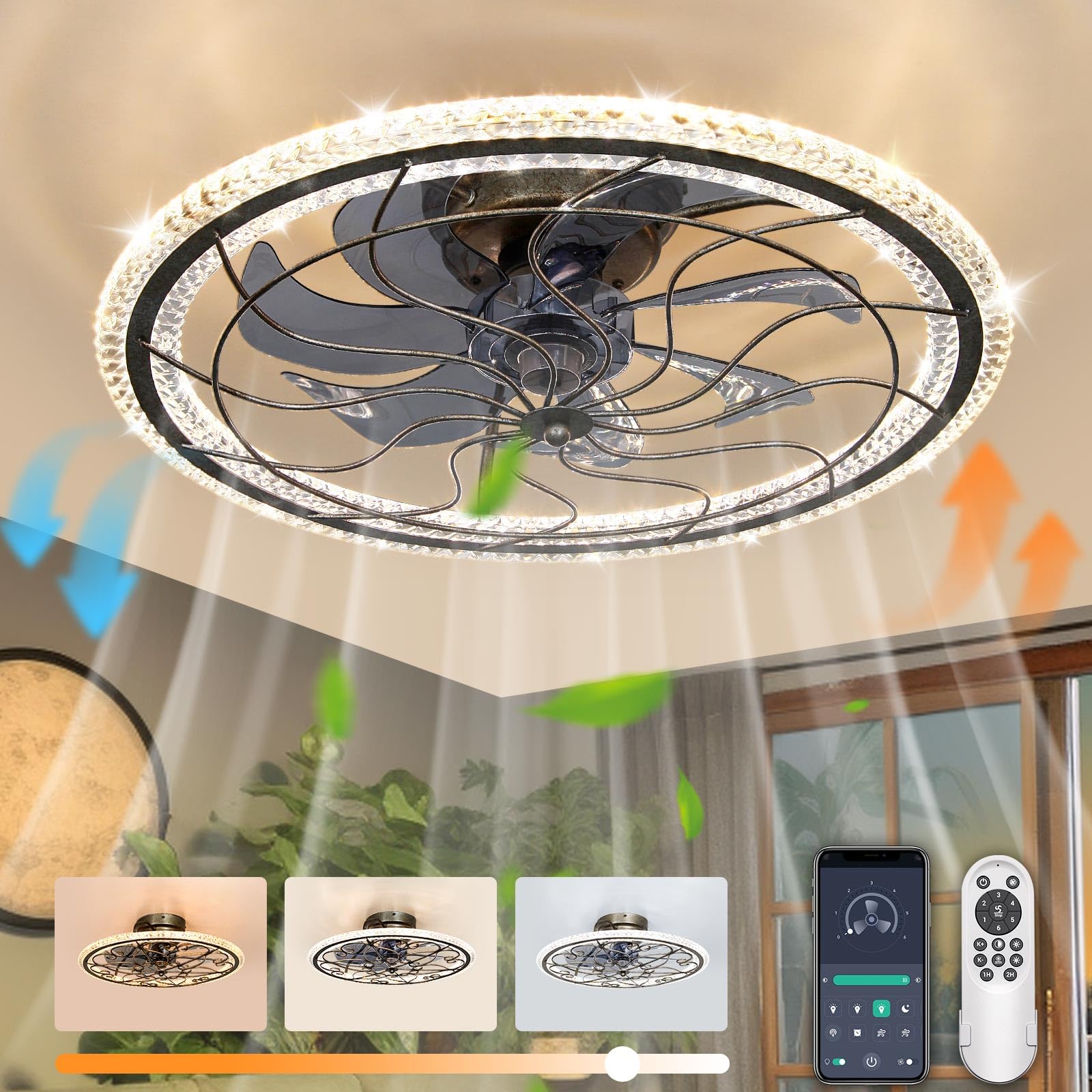 Low Profile Ceiling Fans with Light and Remote, 20'' Flush Mount Led Ceiling Fan Fandelier, Crystal Farmhouse Bladeless Bedroom Lights for Ceiling with Fan, Stepless Dimming & 6 Speeds