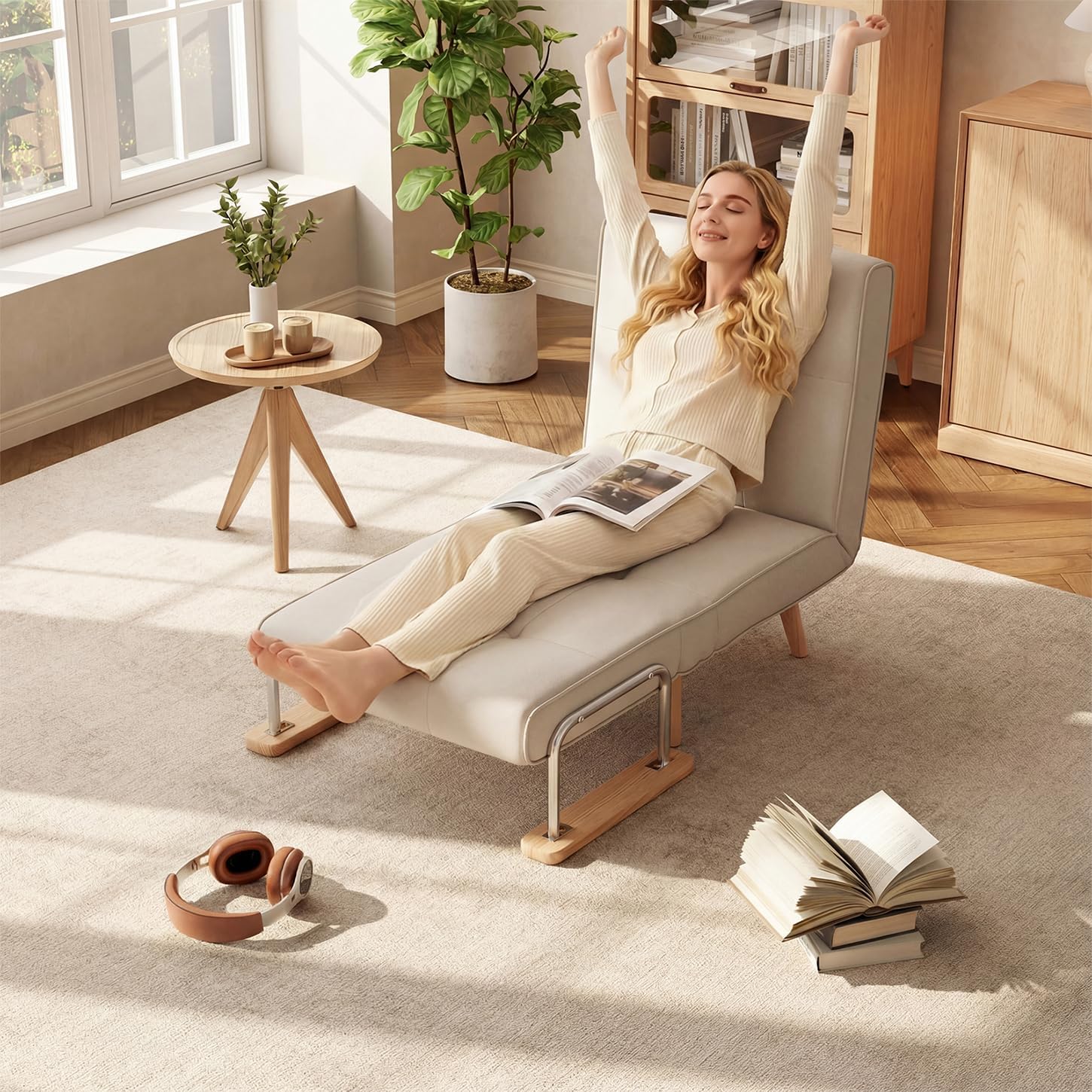 3 in 1 convertible sleeper sofa bed - Portable Rollaway Guest Bed Space-Saving Foldable Design for Easy Storage Futon Chair with 6-Level Adjustable Backrest for Guest Room Apartment Dorm, Cream Beige