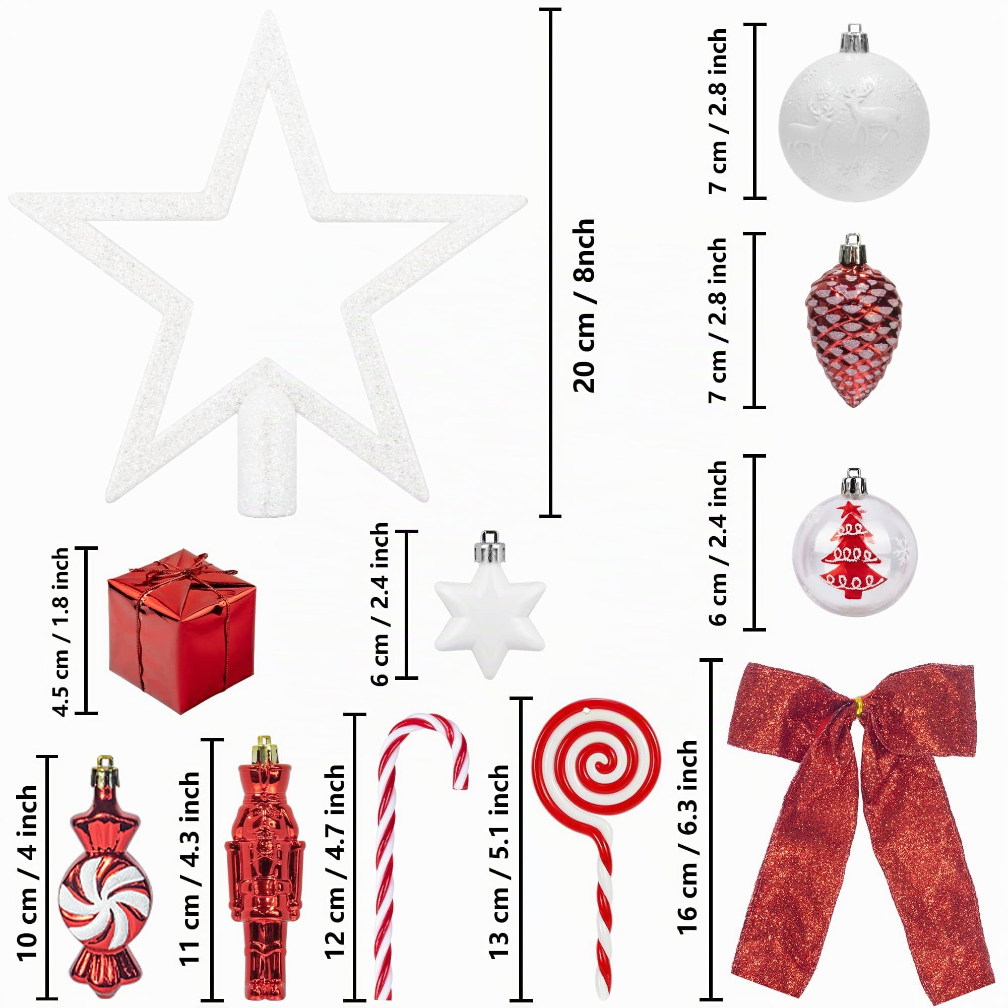 105 pièces Ornements d'arbre de Noël Ensemble de Boules Rouge et Blanches Complet en Plastique Anti - bris Inclus Couronne Boule Flocon de Neige étoile Sapin cône Perle Guirlande