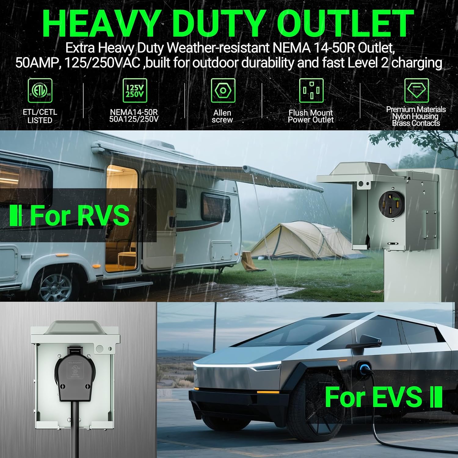 50 Amp EV Charging Receptacle/Nema 14-50 EV Outlet with Waterproof Box Kit: Weather Resistant Straight Blade, U-Shaped Brass Clamp -Industrial Grade, 3-Pole 4-Wire Grounding,125/250V,ETL Listed