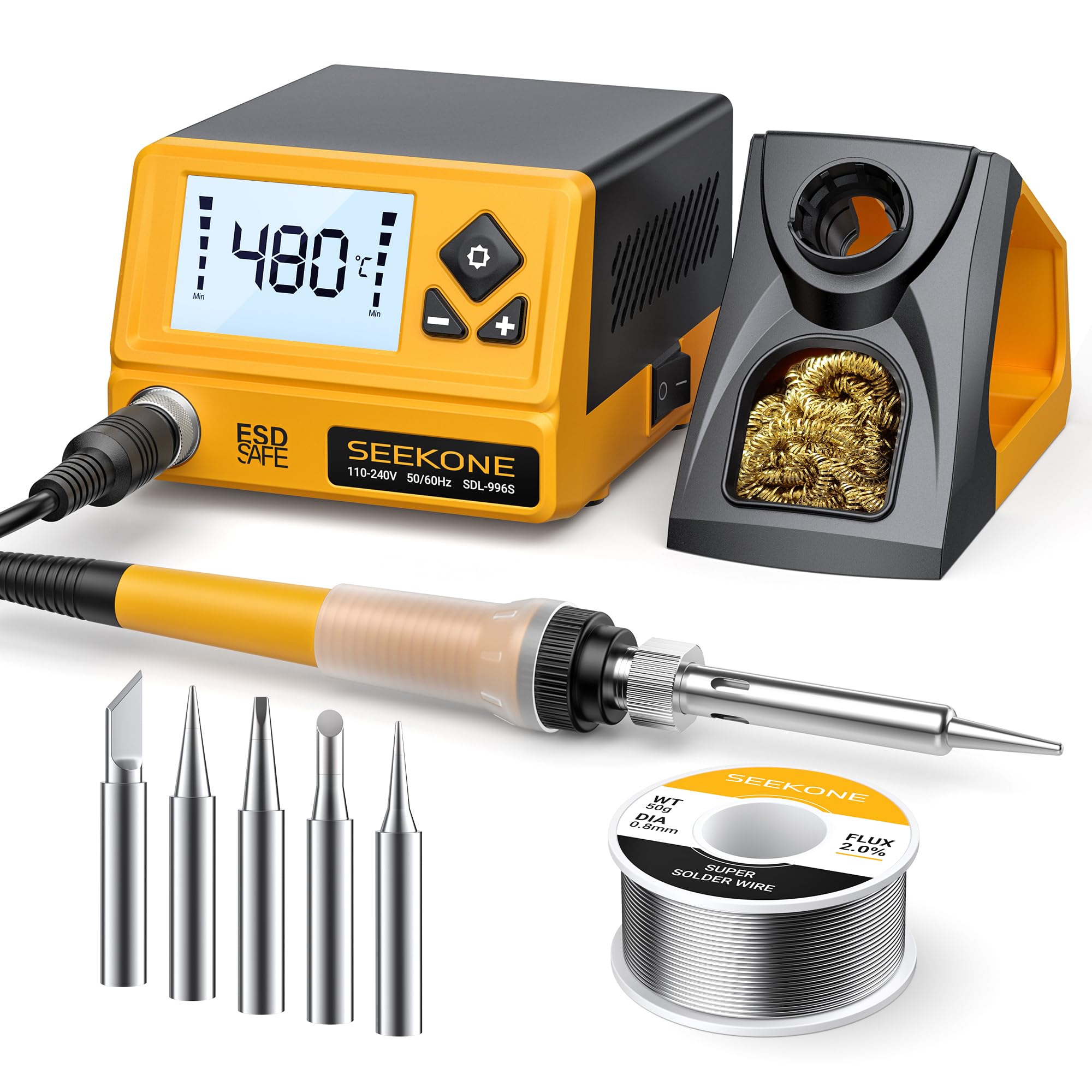 SEEKONE 60W Soldering Station 356°F - 896°F（180℃ - 480℃）Soldering Iron Station with 5 Extra Iron Tips, ESD Safe, 3 Preset Channels, °C/ºF Conversion, Auto Sleep, Calibration Support & Power-on Memory