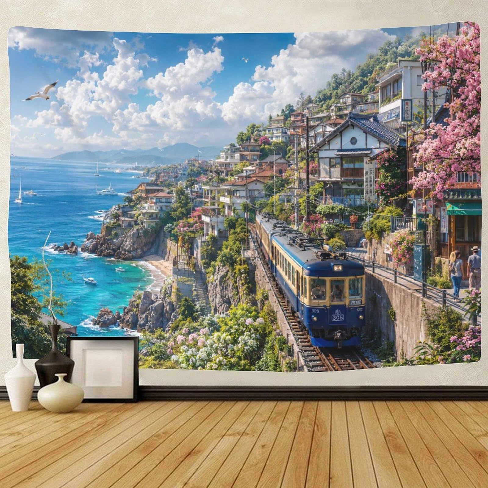 ASDFGHJKLZA Japanese Seaside Village Train Wall Art Decor 3D Print Wall Tapestry Tapestries Home Decoration Curtain Bedroom Dorm 130cmx150cm