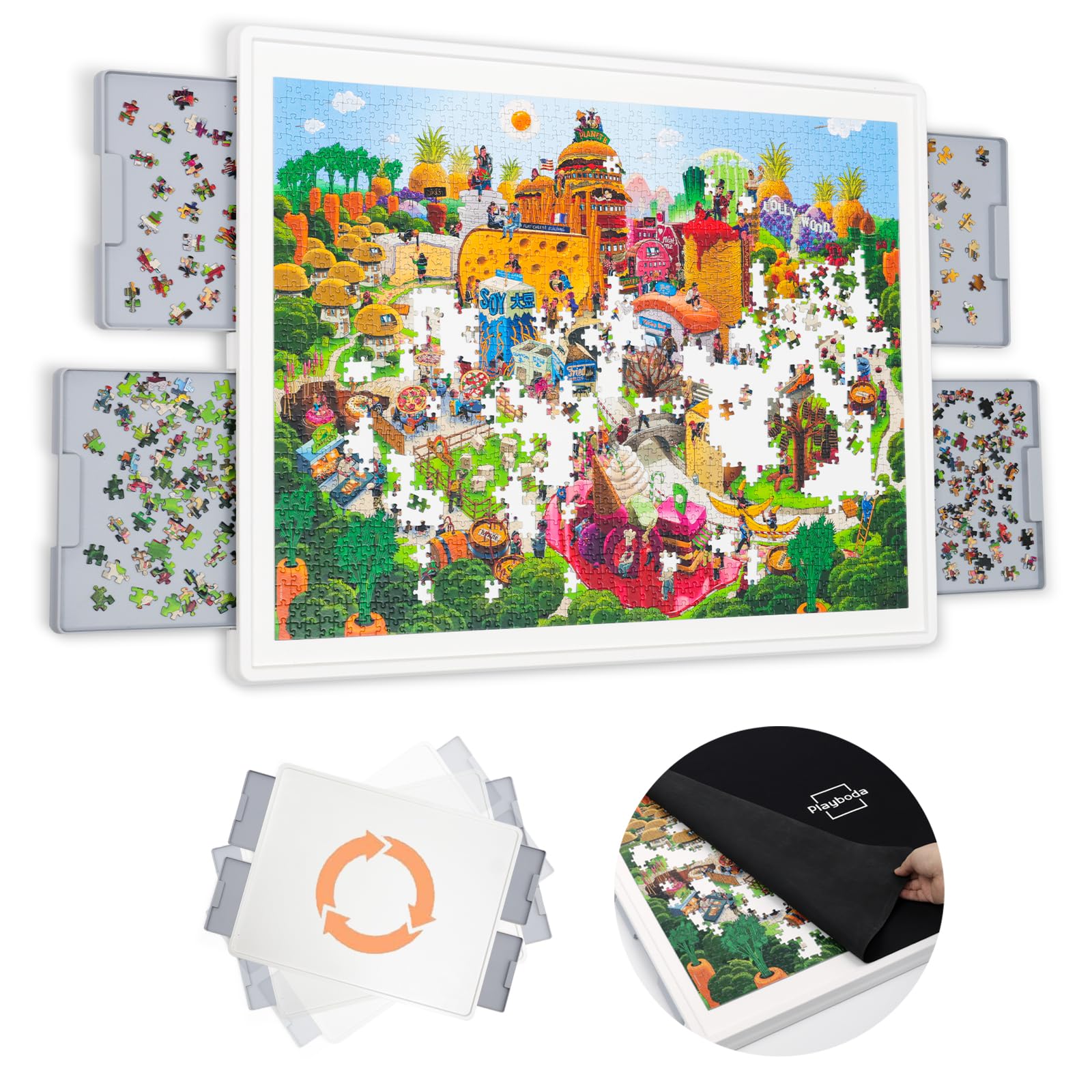 Playboda 1500 Pieces Rotating Plastic Puzzle Board with Drawers and Cover, 35"x27" Portable Spinning Jigsaw Puzzle Table for Adults, Upgraded Lazy Susan, Ideal Gift for Mum