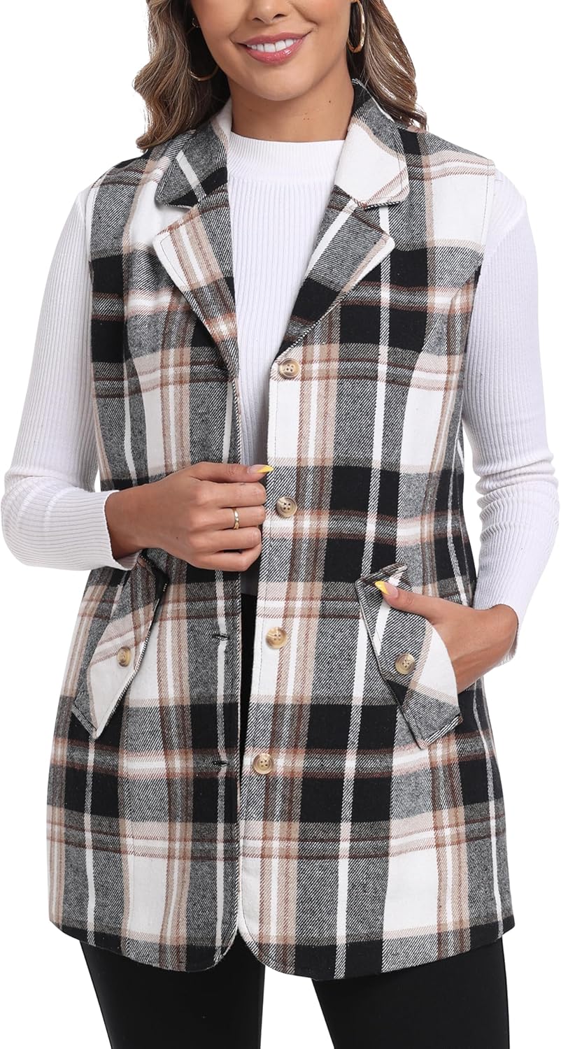 MoFiz Womens Long Flannel Plaid Vest Fall Winter Button Down Sleeveless Blazer Jackets Cardigan Coat Outerwear With Pockets - Image 3