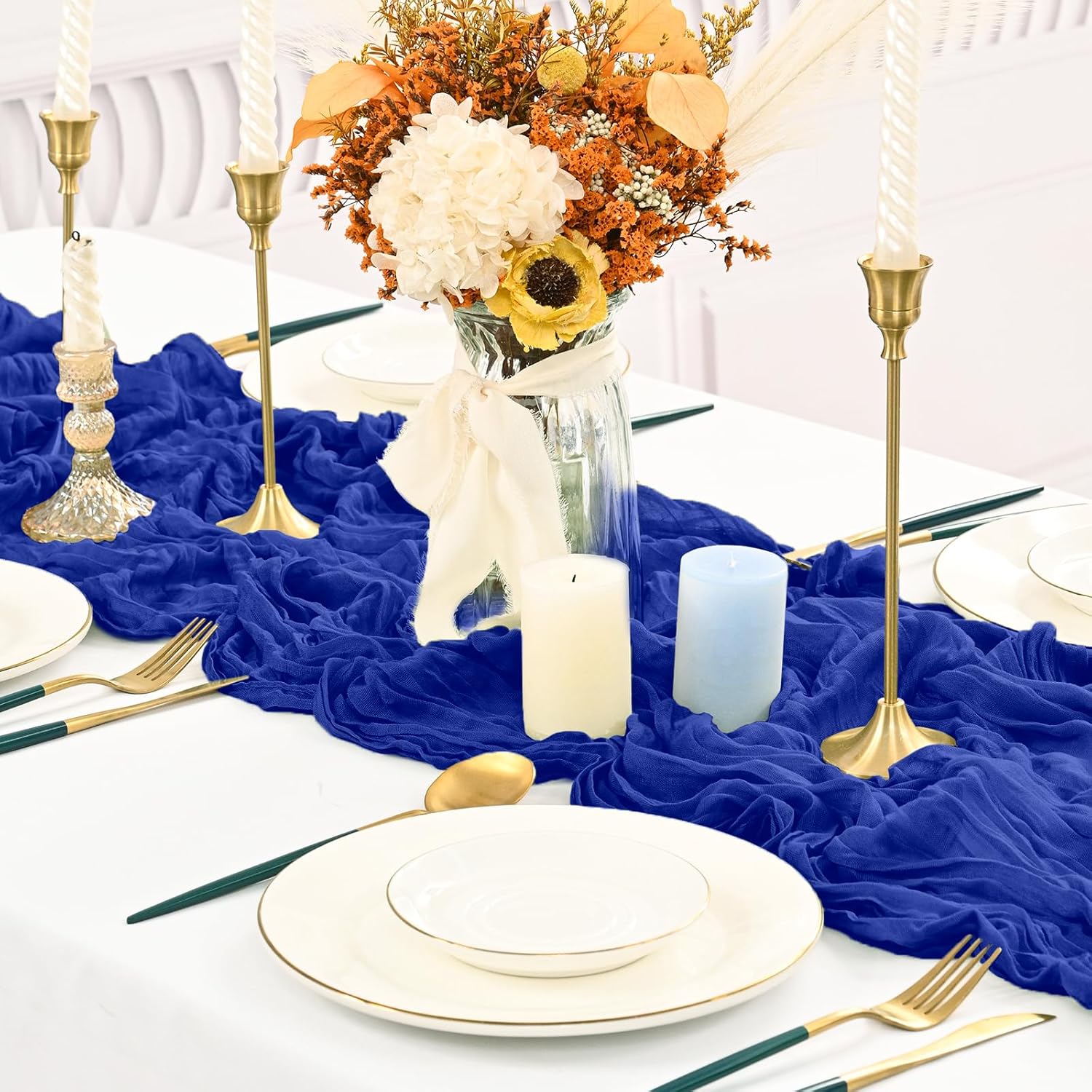 10 Pack Cheesecloth Table Runner Royal Blue,10 ft Gauze Table Runner Long Semi-Sheer Rustic Boho Table Runners for Wedding,Bridal Shower,Party,Banquet Decoration(21.5 x 120 Inch)