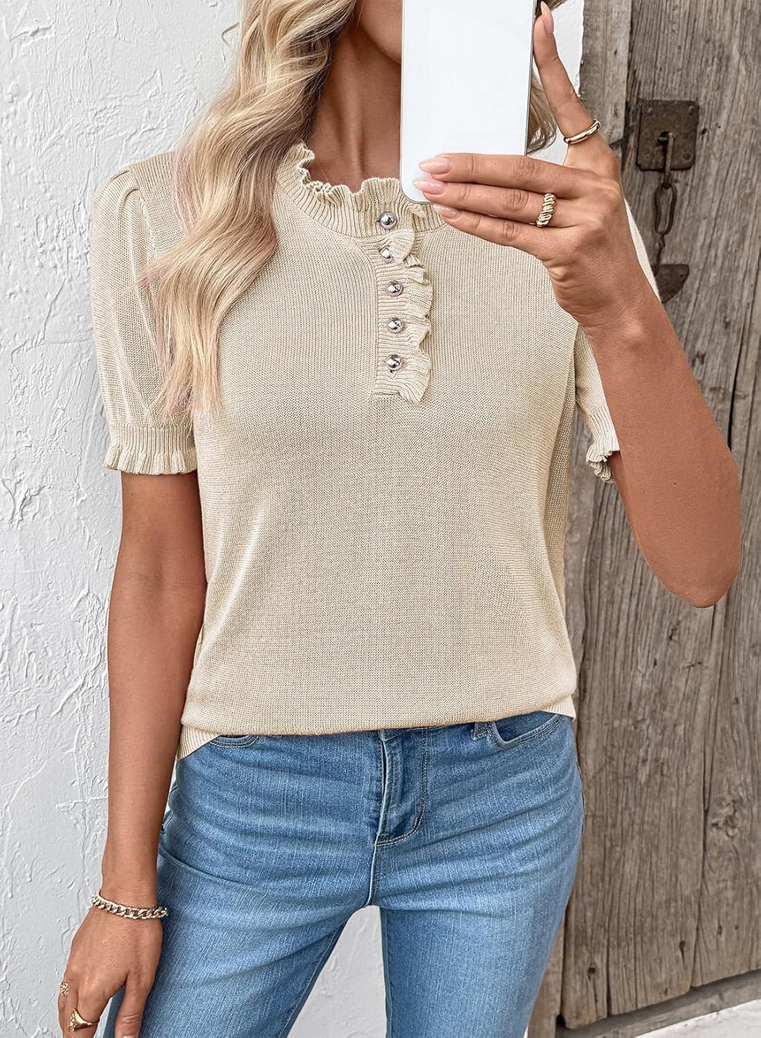 SHEWIN Women Short Sleeve Sweater Ruffle Dressy Business Casual Tops 2026 - Image 2