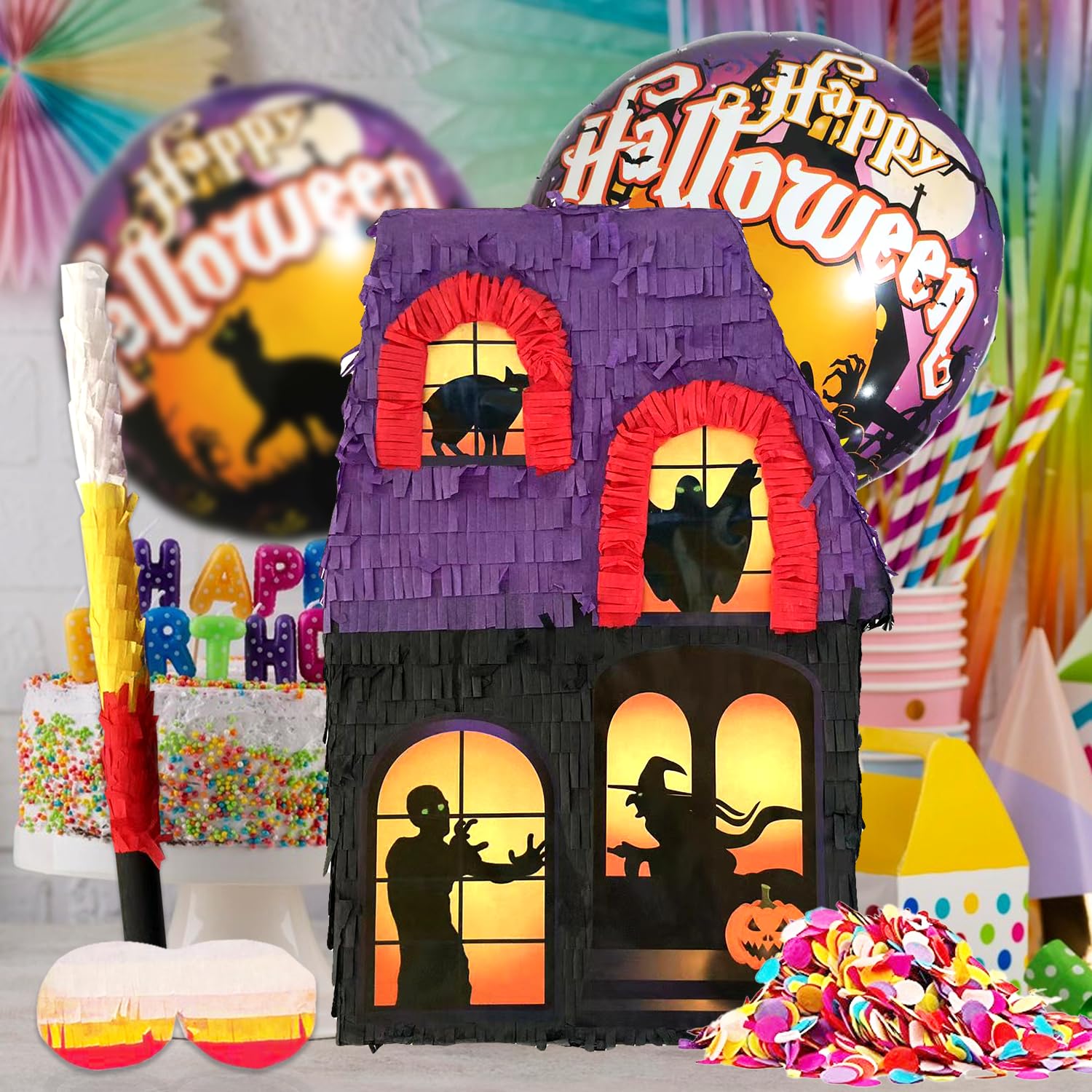 Haunted House Pinatas Perfect for Halloween Celebrations, Themed Parties,Kids Birthday Games, Halloween Party Supplies, including Busterstick, Blinfold, Confetti and 2 Ballons