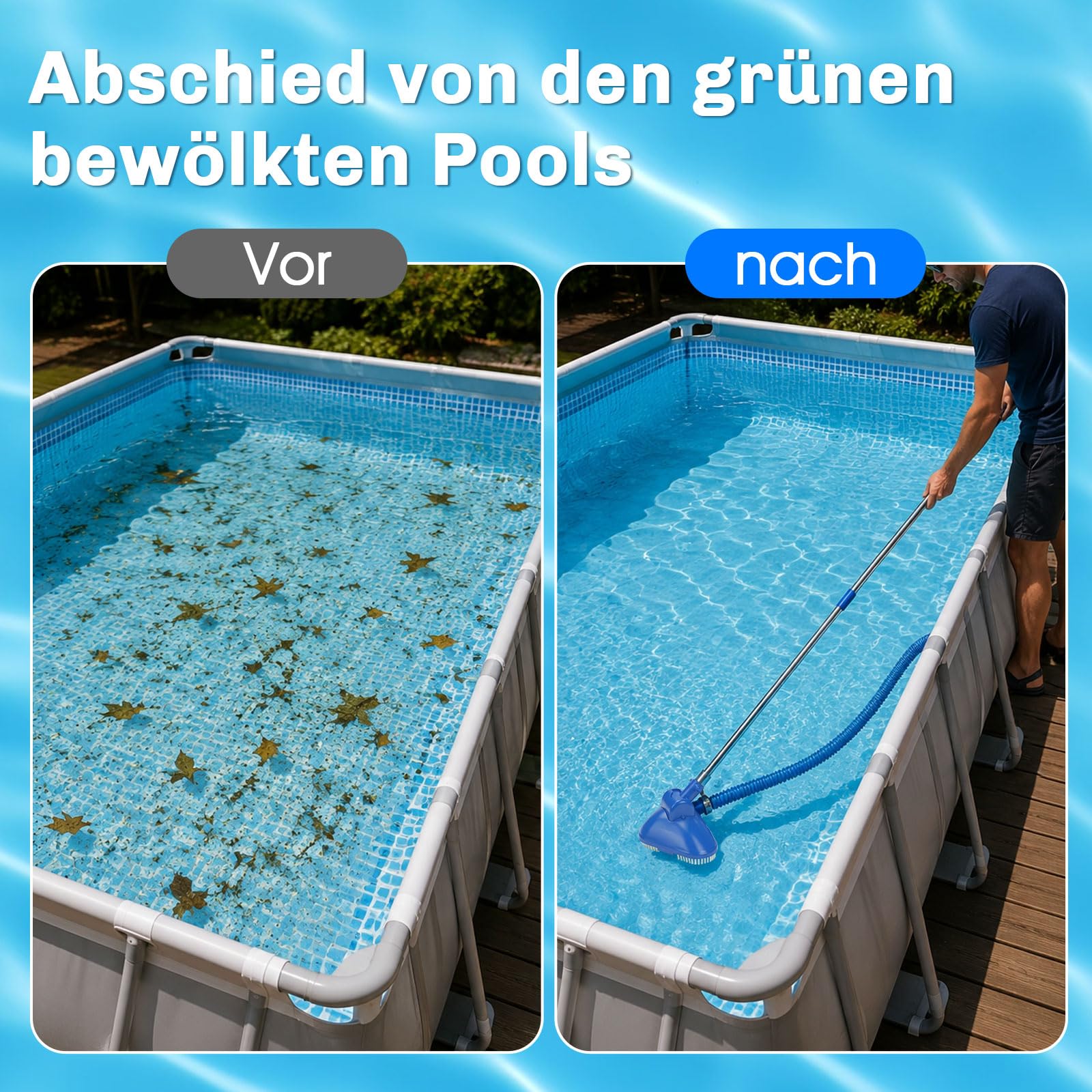 2.0 Upgrade Poolsauger Handheld Kabellos mit Teleskopstange und Schlauch, Starke Saugleistung Poolreiniger Bodensauger Pool Zubehör für Pool Schwimmbad Whirlpool Spa