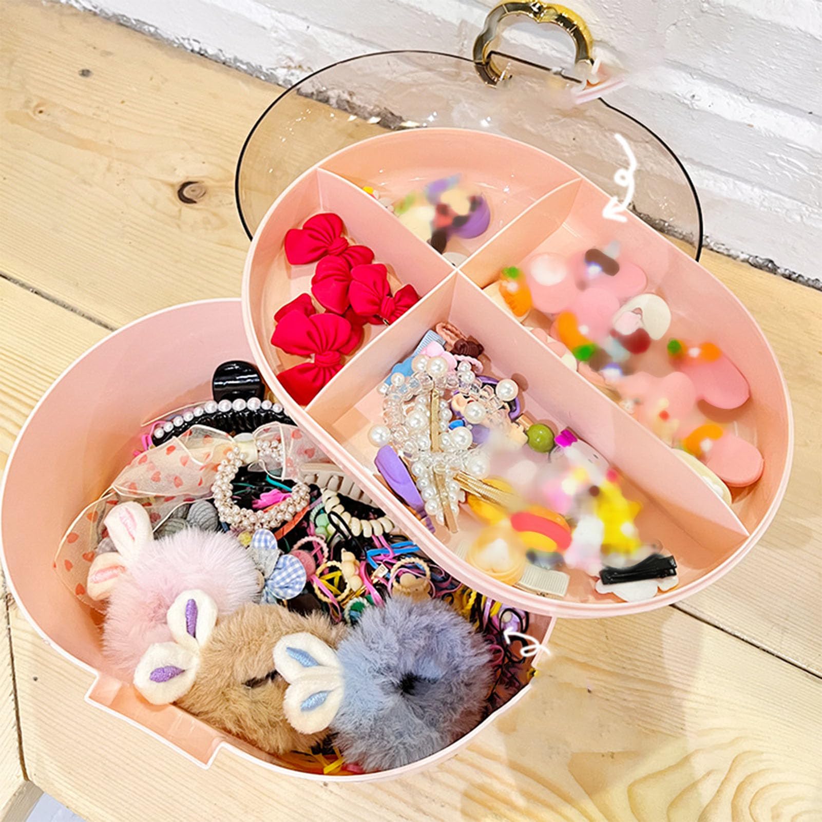 GOTOTOP Jewelry Organizer Box,Hair Accessories Organizer for Girls Headbands with Layered Partitioned Design for Hair Accessories and Small Items (Pink)