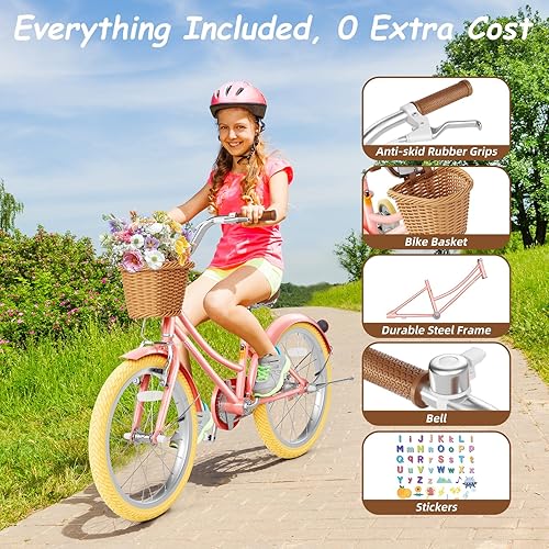 Miniatura 7 de 67i Bicicleta Cruiser para niñas de 12 a 20 pulgadas, bicicleta cómoda de doble suspensión con cesta y película reflectante, asiento ajustable y