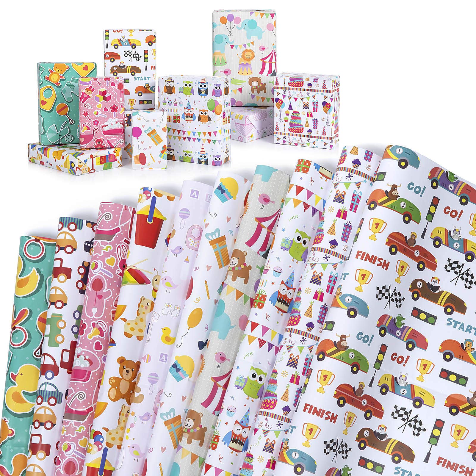 Wodasi Gift Wrapping Paper Sheets, Birthday Wrapping Paper, Cute Cartoon Wrapping Paper, Colorful Animal Wrapping Paper, Kids Wrapping Paper for Birthday, Party, Baby Shower, 52x74cm