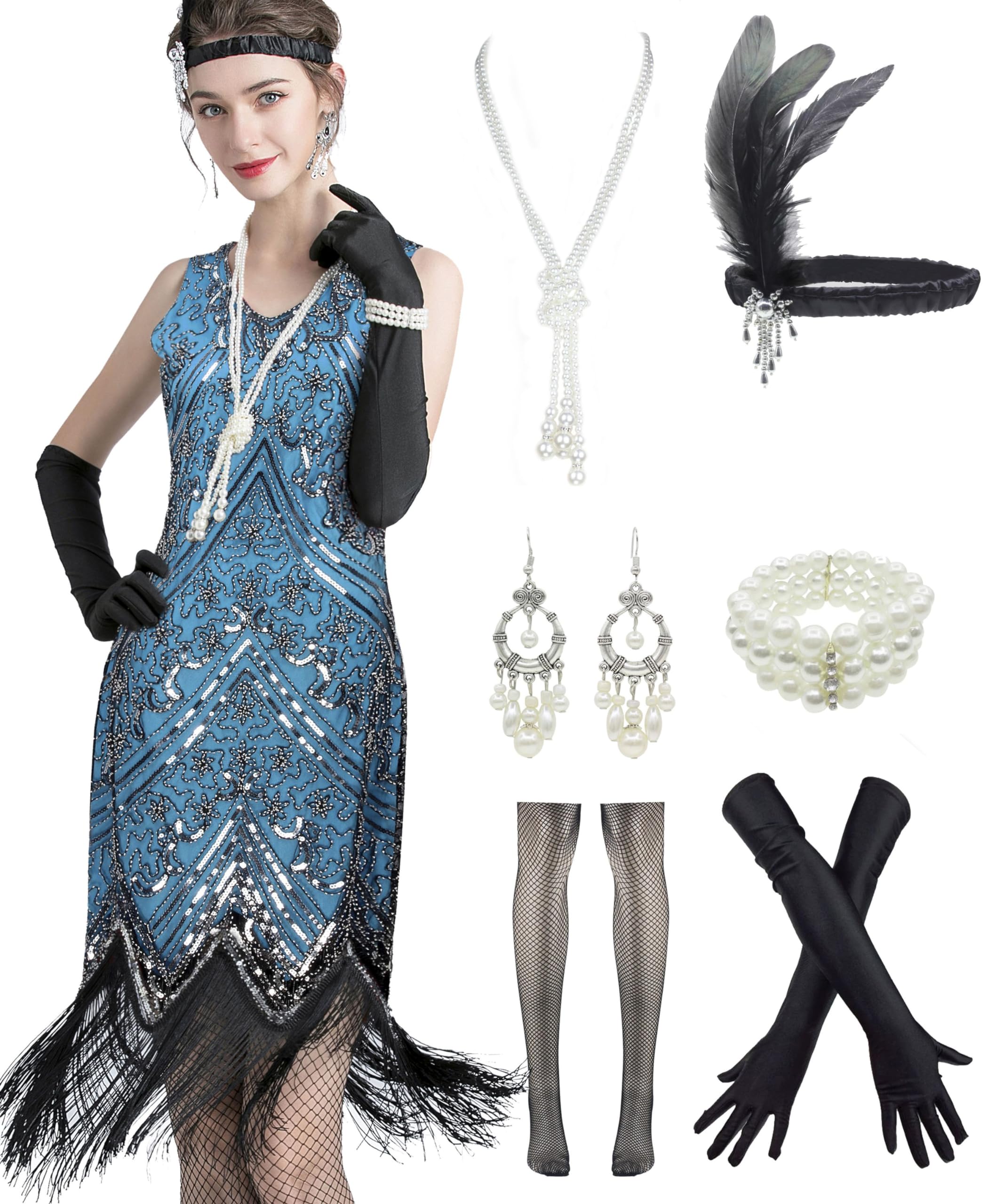 1920s Gatsby Sequin Fringed Paisley Flapper Dress with 20s Accessories Set