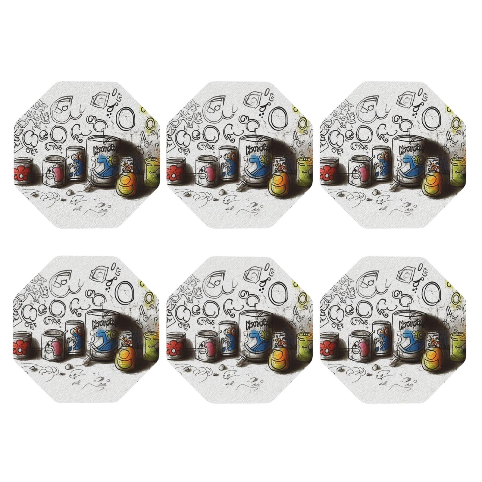 6pcs Leather Coasters for Drinks, Graffiti On Various Objects Drink Coasters for Tabletop Protection, 4" Cup Coasters for Coffee Table Decor, Non-Slip Drinking Cup Mat for Hot Or Cold Drink