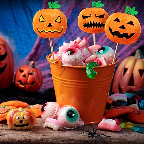 Miniatura 5 de Threan 12 piezas de peluche de calabaza de Halloween pequeña calabaza de peluche suave con expresiones espeluznantes para suministros de decoración