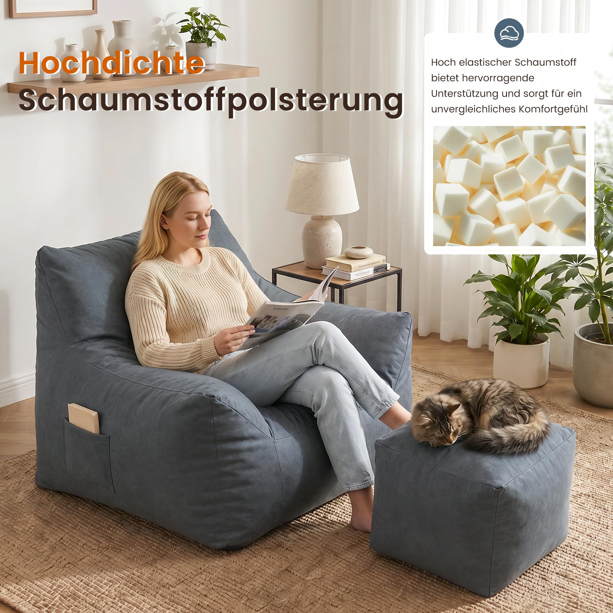 Pamapic Sitzsack XXL Wasserfest Erwachsene Indoor Outdoor mit Hocker Füllung Seitentaschen Polyester Dunkelgrau