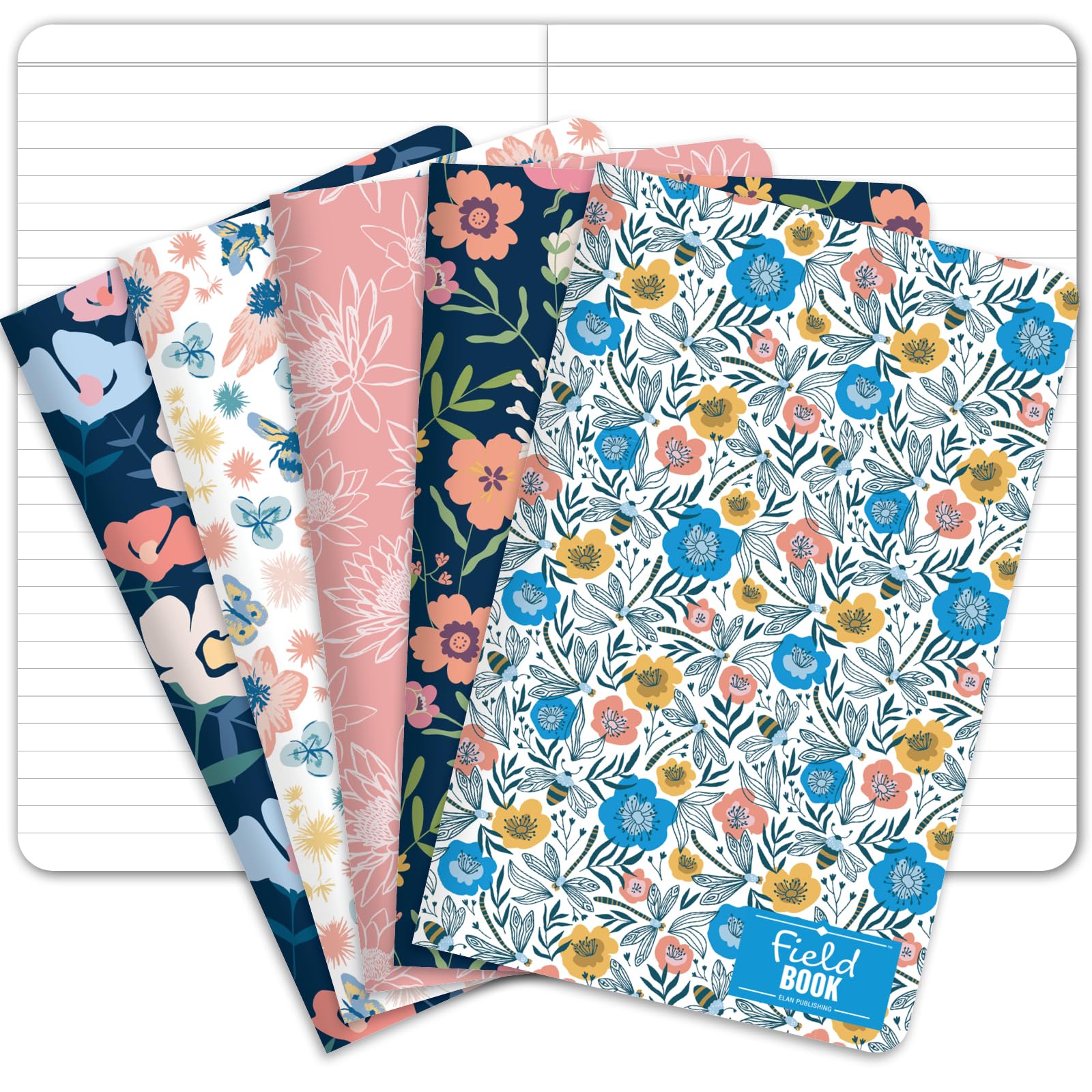 Cahier de terrain 5 x 8 texte linéaire à motif floral avec reliure souple en lot de 5