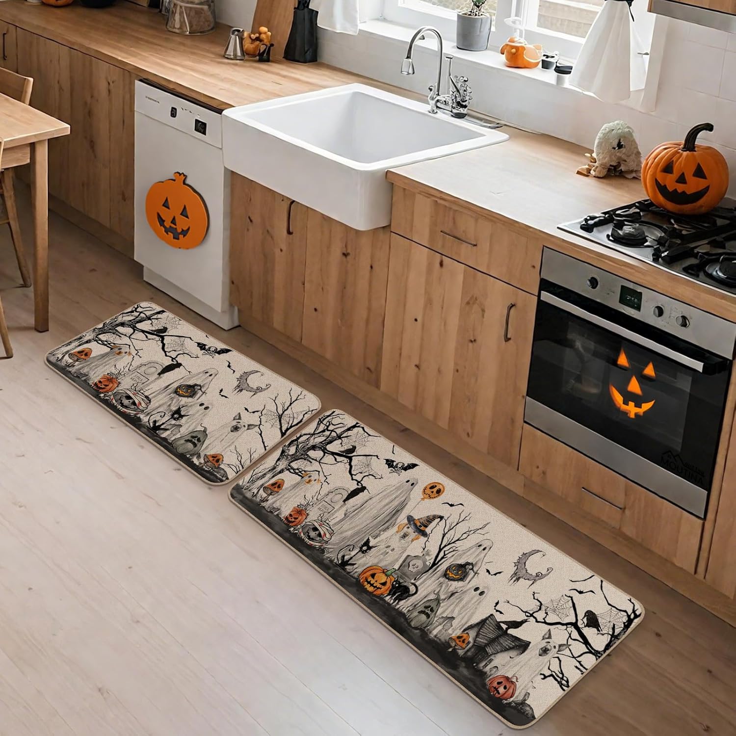 Moutina Halloween Boo Dog Ghost Decorative Kitchen Rugs Set of 2, Halloween Holiday Party Home Decor Low-Profile Kitchen Mats for Floor - 17x29 and 17x47 Inch