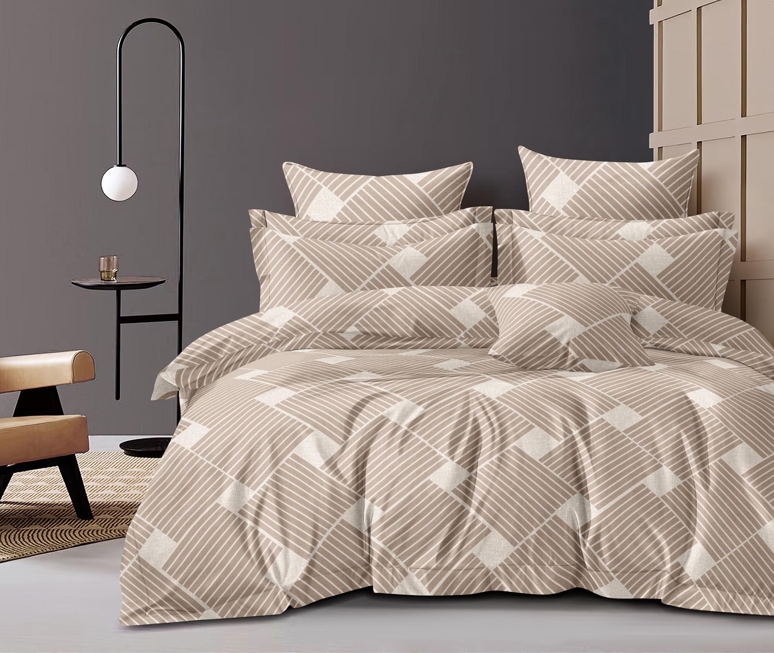 THE HOME STYLE Cotton Feel Glace Cotton Elastic Fitted Printed King Size Double Bed Bedsheet With 2 Pillow Cover Fits Upto 8 Inches Mattress, 300TC (72"x78", Dune Bliss),Beige&White